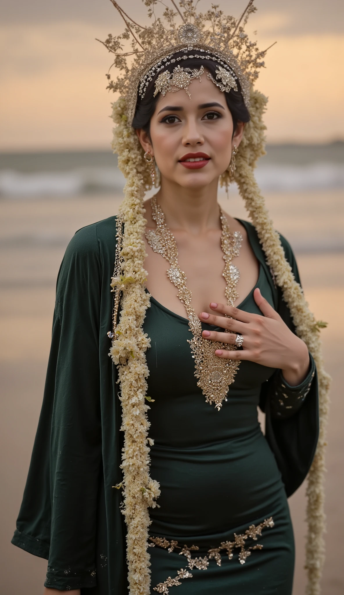 shot with Nikon D70, indonesian lady 18 years old, brown skin, pale face, wear traditional crown, natural, no make up, detailed on face, visible breastline, wear velvet green kebaya, very tight dress. wear dark green long shawl shoulder, tight velvet javanese kebaya, long sleeve, very tight, busty body, realistic photo, serious face, model, sunset sand beach, beach background, big wave, sunset, dawn , big , body, dynamic pose, standing, ultra , exotic skin, potrait, low light, face front, ((big : 1.8))
