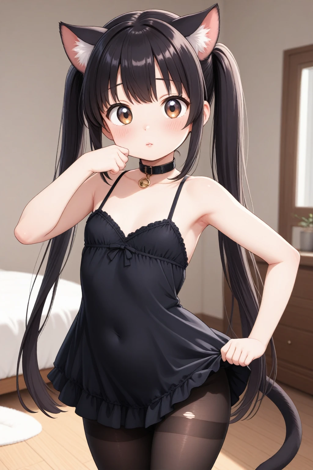i want you to draw anime girl medium black hair with curtain bangs tied up with arms up and kneeling down with legs spread with a sleeveless leotard on