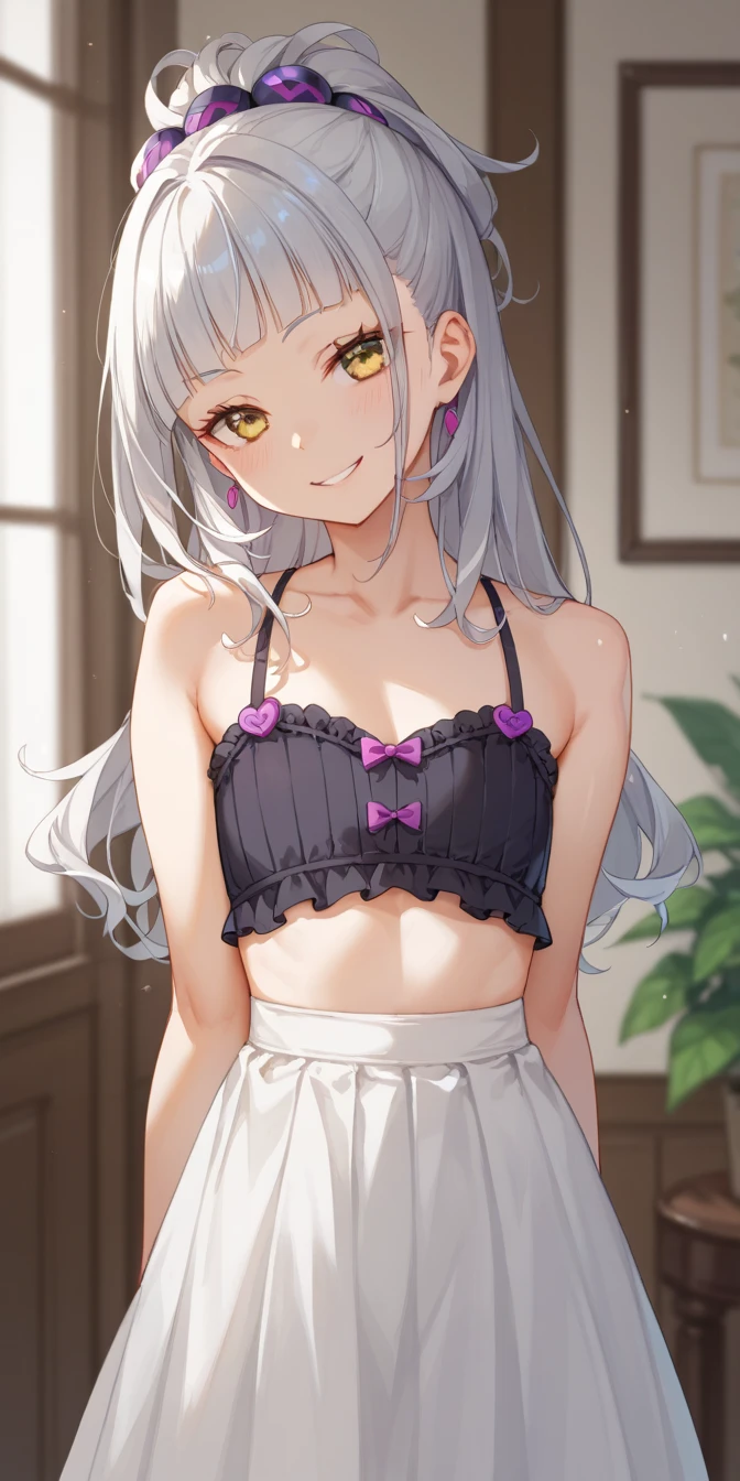 (Best Quality, Masterpiece),sexy,  , 1girl, 18 years old, Contempt, pride, silver hair, 2 ponytails, ((white )), (((small breasts))), bedroom, ((cowboy shot)), ((smirk)), looking at viewer, (closed eyes), (mischievous look), ((hands on hips)), , ((slim))