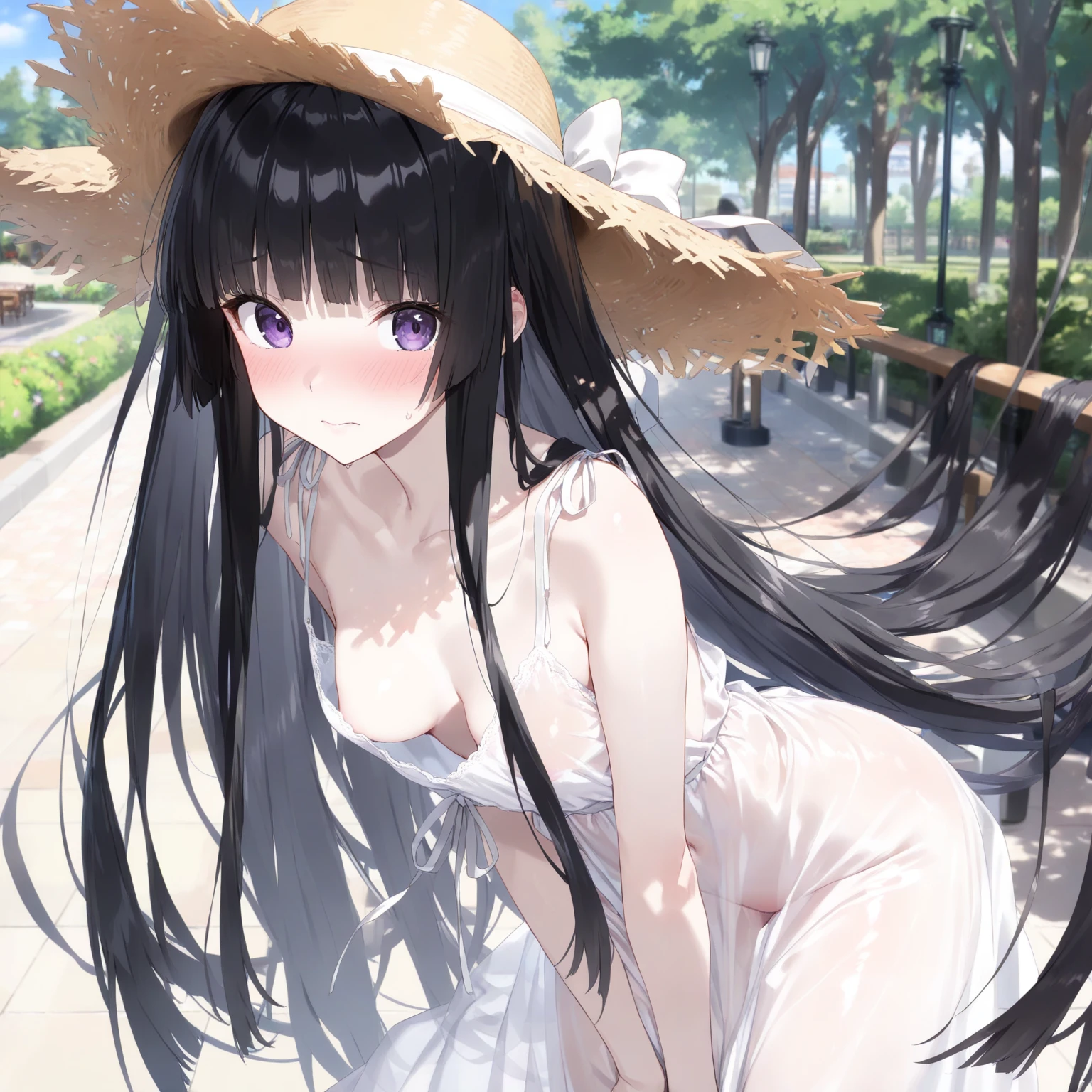 best quality, extremely detailed, ((anime style 2girl)),yuri,1st girl long hair down to the waist, straight hair, dark black hair with bluish,beautiful detailed eyes, pinched eyes, dark blue eyes,2nd girl wavy long hair,((((blunt bangs)))),(hair between eyes),bright blond hair,beautiful detailed eyes,Orange eyes,Sharp eyes with many eyelashes,huge breasts,cutie white base colorful frill
 Bikini,hair ornament,rabbit like hairband,beach side Luxurious room,smile,active pose 