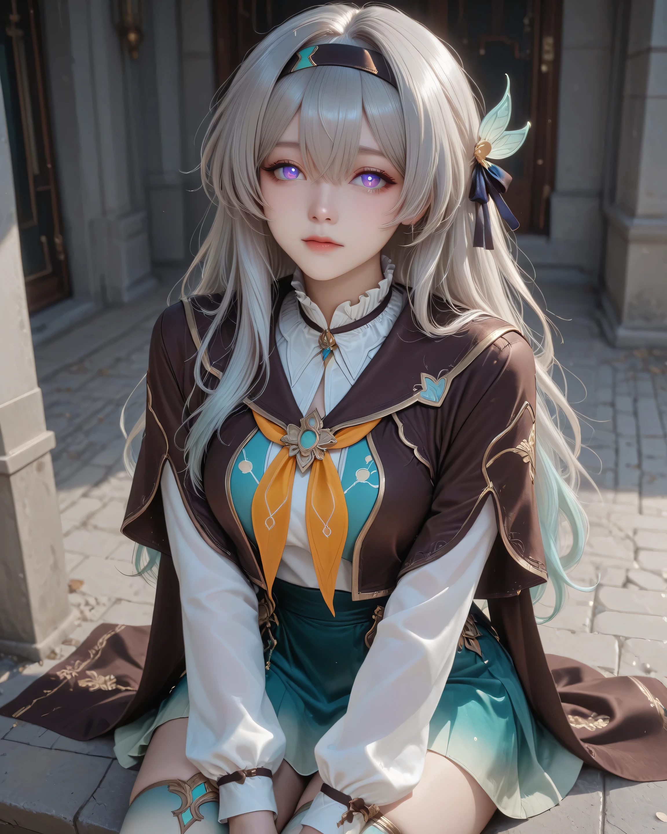 F1reflyDF, blue pupils, purple eyes, blue eyes, grey hair, multicolored hair, long hair, black hairband, hair ornament, brown capelet, frilled collar, white shirt, long white sleeves, green skirt, gradient thigh highs,, ((Kiệt tác)), ((Chất lượng tốt hơn)), (details), hoàn hảo, Lonely, nằm trên giường trong tư thế thư giãn, Biểu cảm tập trung và vui vẻ, trong khi nhìn người xem qua vai. Da cô ấy mềm mại và sáng bóng, với nụ cười mang lại một chút tươi mới và sống động. bầu không khí ấm áp và thân thiện với bóng mềm mại. Ánh sáng rực rỡ làm nổi bật đường nét của cô ấy và cảnh năng động. chế độ xem từ dưới, mông to, đánh dấu quần lót. 
