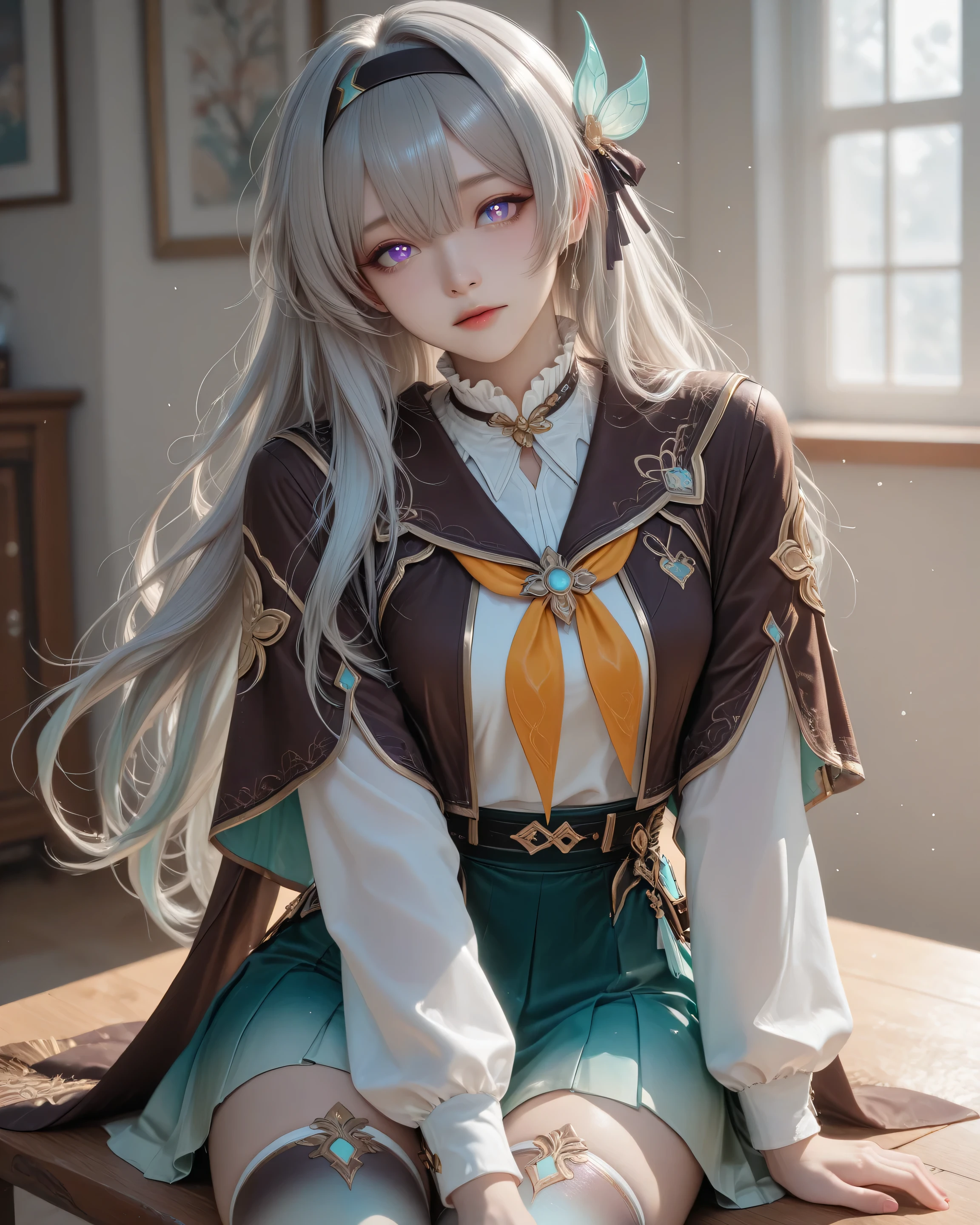 F1reflyDF, blue pupils, purple eyes, blue eyes, grey hair, multicolored hair, long hair, black hairband, hair ornament, brown capelet, frilled collar, white shirt, long white sleeves, green skirt, gradient thigh highs,, ((Kiệt tác)), ((Chất lượng tốt hơn)), (details), hoàn hảo, Lonely, nằm trên giường trong tư thế thư giãn, Biểu cảm tập trung và vui vẻ, trong khi nhìn người xem qua vai. Da cô ấy mềm mại và sáng bóng, với nụ cười mang lại một chút tươi mới và sống động. bầu không khí ấm áp và thân thiện với bóng mềm mại. Ánh sáng rực rỡ làm nổi bật đường nét của cô ấy và cảnh năng động. chế độ xem từ dưới, mông to, đánh dấu quần lót.