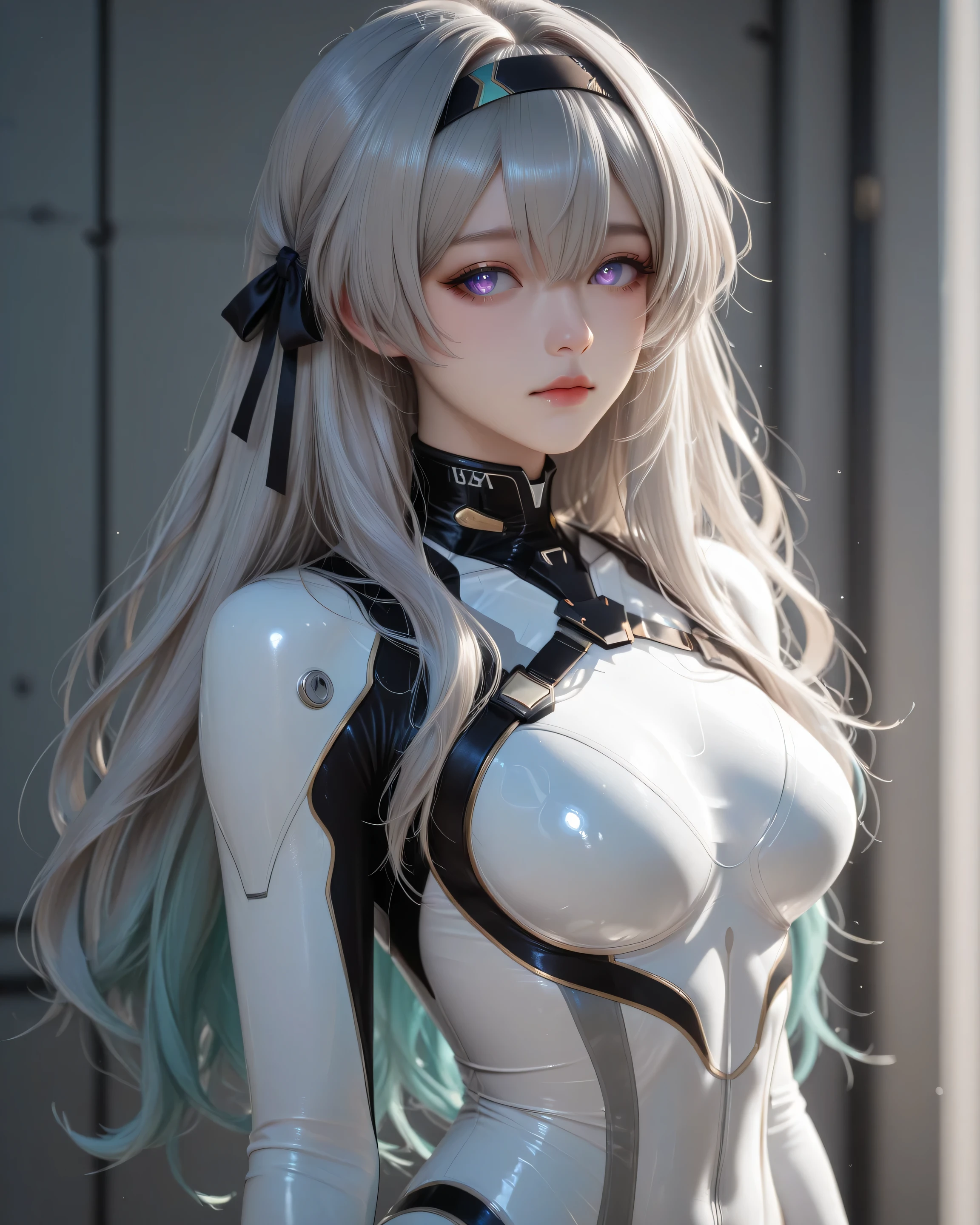 F1reflyPlugsuit, blue pupils, purple eyes, blue eyes, grey hair, multicolored hair, long hair, black hairband, hair ribbon, plug suit, white bodysuit, ((Kiệt tác)), ((Chất lượng tốt hơn)), (details), hoàn hảo, Lonely, nằm trên giường trong tư thế thư giãn, Biểu cảm tập trung và vui vẻ, trong khi nhìn người xem qua vai. Da cô ấy mềm mại và sáng bóng, với nụ cười mang lại một chút tươi mới và sống động. bầu không khí ấm áp và thân thiện với bóng mềm mại. Ánh sáng rực rỡ làm nổi bật đường nét của cô ấy và cảnh năng động. chế độ xem từ dưới, mông to, đánh dấu quần lót.