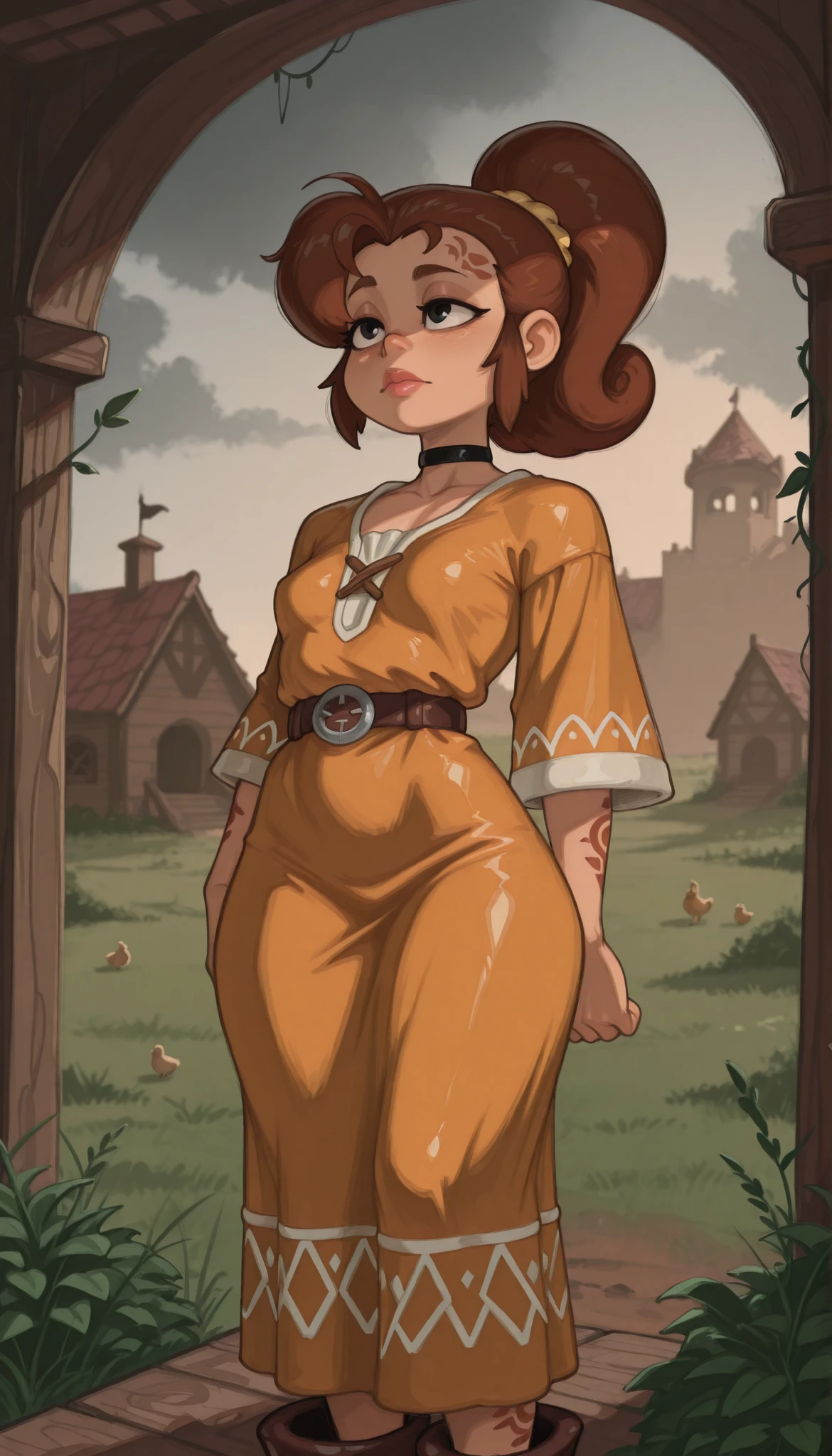 Luan Loud. small breasts, medium hips, slender body, brown hair ponytail, hair tie, long hair, black eyes. pink lips, choker . | Medieval beginner’s village at dusk, stern village chief in command, non‑transparent rustic attire (long coarse skirt, oversized tunic, leather belt), weathered face with intense gaze, standing atop wooden platform as if a throne, quaint cottages with thatched roofs in background, chickens and pigs wandering near muddy paths, flickering torchlight casting dramatic shadows, simple tools and farming equipment scattered around, villagers glancing nervously in his direction, overgrown weeds suggesting hidden dangers, ominous cloudy sky, atmosphere of deceptive calm with underlying tension, PG‑13 tone (no explicit violence, implied authority), photorealistic style, 8k quality, warm earthy color palette (browns, ochres, deep greens), detailed textures (woven fabric, animal fur, rough wood), cinematic lighting with strong contrasts, professional composition, focus on paradox of humble setting vs. authoritative presence, best quality, subtle hints of fantasy elements (strange markings on posts, unusual herbs hanging to dry).