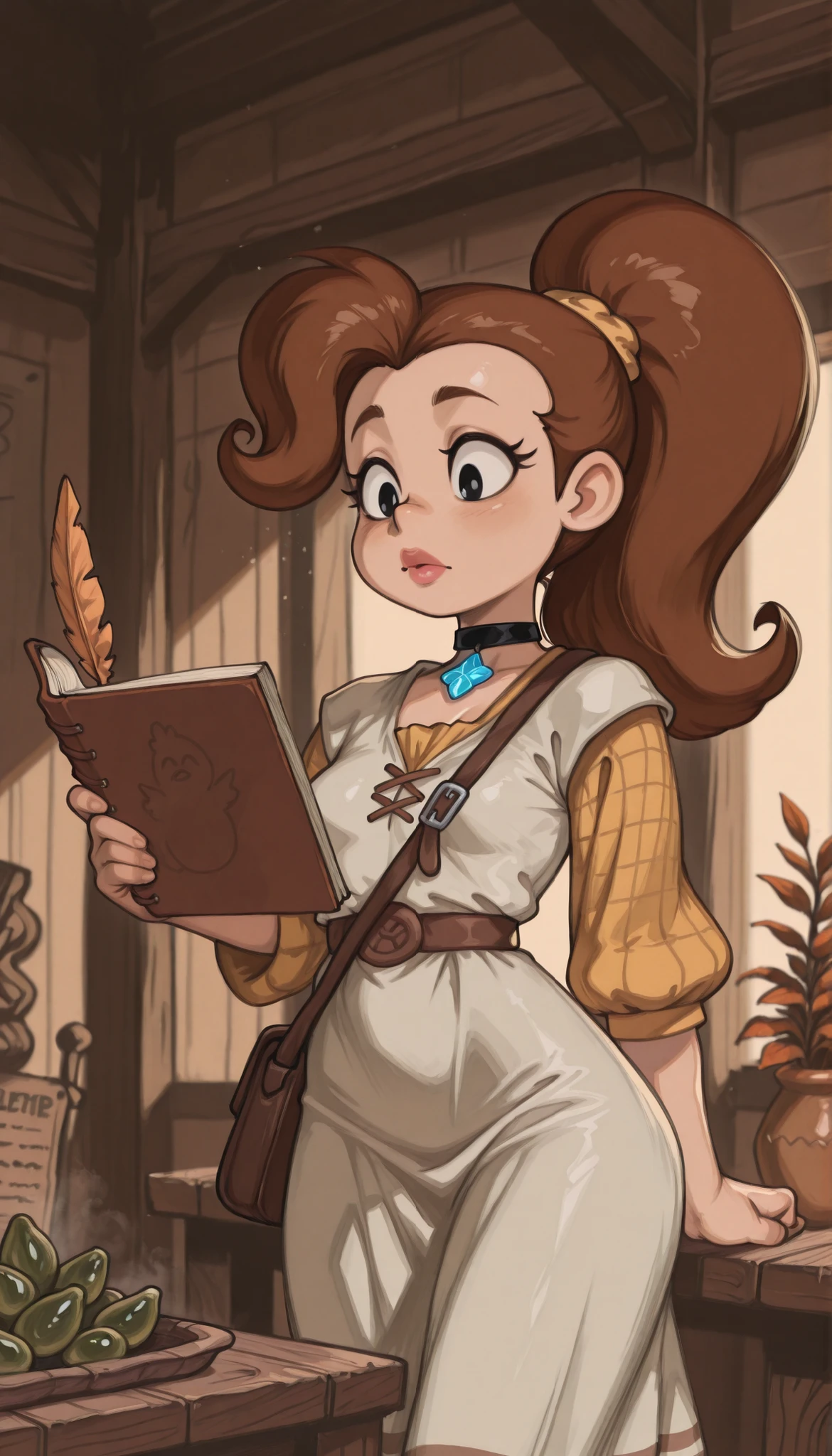 Luan Loud. small , medium , slender body, brown hair ponytail, hair tie, long hair, black eyes. pink lips, choker . | Medieval village at sunrise, young scholar RepoChi on a knowledge adventure, non‑transparent rustic attire (long linen skirt, oversized woolen tunic, leather satchel), curious expression, holding an open sketchbook and quill, quaint cottages with thatched roofs in background, chickens and pigs wandering near dirt paths, wooden signpost with strange symbols, villagers glancing with mild interest, scattered parchments and crude diagrams on a rustic table, primitive tools suggesting early experimentation (magnifying lens, clay tablets, quill pens), soft morning light casting long shadows, hints of fantasy technology (glowing crystal in satchel, unusual plant specimens), warm earthy color palette (sepia, olive, burnt orange), photorealistic style, 8k quality, detailed textures (woven fabric, parchment, rough wood), cinematic lighting with gentle contrasts, professional composition, focus on exploration and discovery, PG‑13 tone (emphasis on learning and curiosity), best quality, atmosphere of quiet wonder and intellectual pursuit.