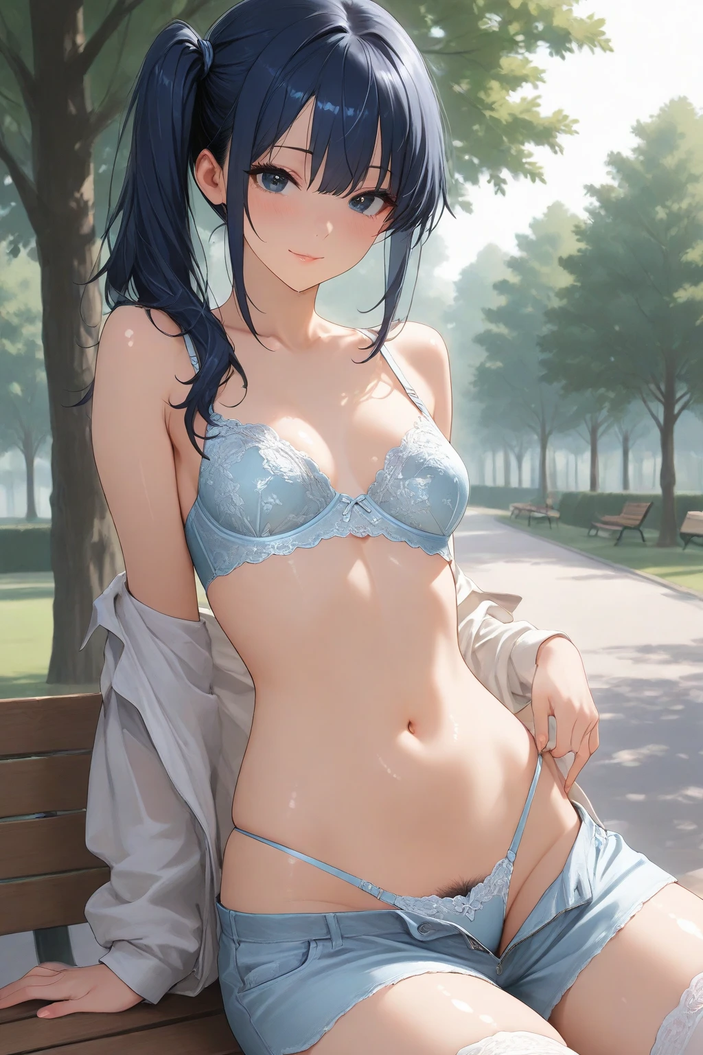 Anime woman with black hair and blue eyes in the park, Anime drawing by Kamaguruka, Pixiv, shin hanga, Anime Moe Art Style, Casual pose, cel - shaded art style, Anime Style. 8k, flat Anime Style shading, Smooth anime CG art, Attractive anime woman, , Realistic anime art style, (((Light blue lace bra))), (((light blue ????? panties))), Spread your knees、Sit with your feet facing outward, Leg spread