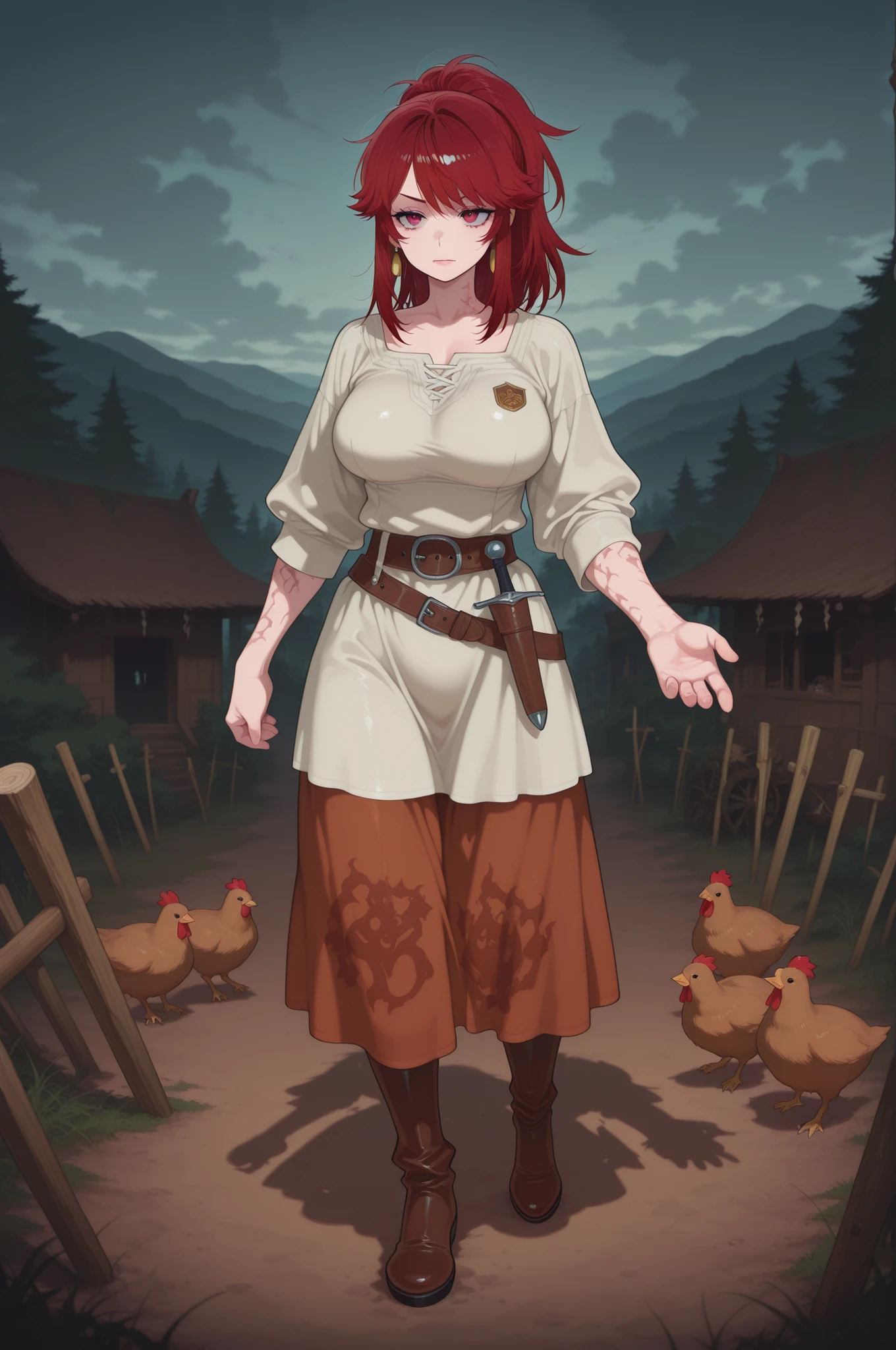  Akemi Aizawa, long hair, ponytail, fringe, red hair, , earrings, pink lips , fire red eyes, muscle body, | Medieval beginner’s village at dusk, stern village chief in command, non‑transparent rustic attire (long coarse skirt, oversized tunic, leather belt), weathered face with intense gaze, standing atop wooden platform as if a throne, quaint cottages with thatched roofs in background, chickens and pigs wandering near muddy paths, flickering torchlight casting dramatic shadows, simple tools and farming equipment scattered around, villagers glancing nervously in his direction, overgrown weeds suggesting hidden dangers, ominous cloudy sky, atmosphere of deceptive calm with underlying tension, PG‑13 tone (no  , implied authority), photorealistic style, 8k quality, warm earthy color palette (browns, ochres, deep greens), detailed textures (woven fabric, animal fur, rough wood), cinematic lighting with strong contrasts, professional composition, focus on paradox of humble setting vs. authoritative presence, best quality, subtle hints of fantasy elements (strange markings on posts, unusual herbs hanging to dry).


