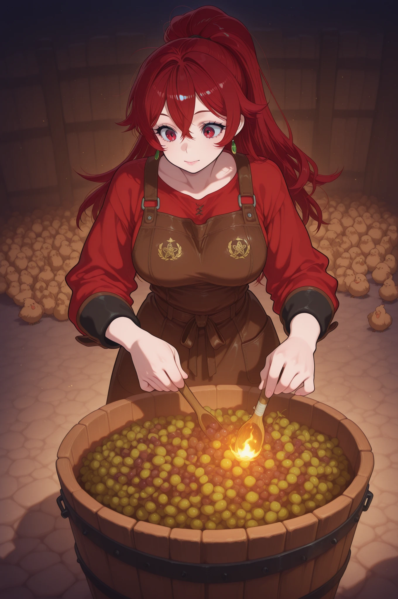  Akemi Aizawa, long hair, ponytail, fringe, red hair, , earrings, pink lips , fire red eyes, muscle body, | Medieval winemaking estate at golden hour, family of three (elder, adult, child) tending to vineyard and cellar, non‑transparent rustic garments (long woolen skirts, loose tunics, leather aprons, headscarves), weathered hands carefully inspecting grape clusters, stone press in background, oak barrels stacked in cool cellar with cobwebs, clay jugs and wooden tools scattered around, chickens and pigs foraging near stone fence, smoke rising from cottage chimney, elder demonstrating technique to younger generation, child carrying basket of ripe grapes, sunbeams piercing through cellar windows illuminating dust particles, subtle symbols of tradition (family crest on barrel, worn recipe scroll), hints of innovation (new-design press, experimental grape varieties), warm earthy palette (amber, olive, terracotta), photorealistic style, 8k quality, detailed textures (woven fabric, grape skins, aged wood), cinematic lighting with golden hour glow, professional composition, focus on intergenerational knowledge transfer, PG‑13 tone (no , emphasis on craftsmanship), best quality, serene rural atmosphere with understated dignity.



