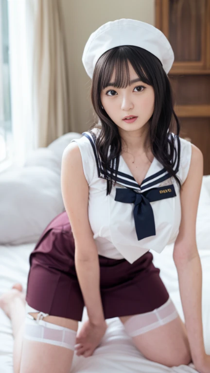 masterpiece, Best Quality, 8K, 20 yo, huge breasts, cuddly, Solo, sad, Cute, Girly, Delicate girl, Neat and clean beauty,  Raw photo, Professional Photography, Portrait, Soft light, Professional Lighting, Back lighting, Upper body, front view, (, hotel room), Sophisticated, Film grain, (Eyes and faces with detailed:1.0), short length floating hair, beautiful flowing hair, bangs, High school girl uniform、Super Short Check Uniform Skirt、Navy blue high socks, Colossal tits、Don't expose it, expresses the roundness and softness of your chest., Protruding big,  shorts, Standing Elegantly、beautiful thick legs