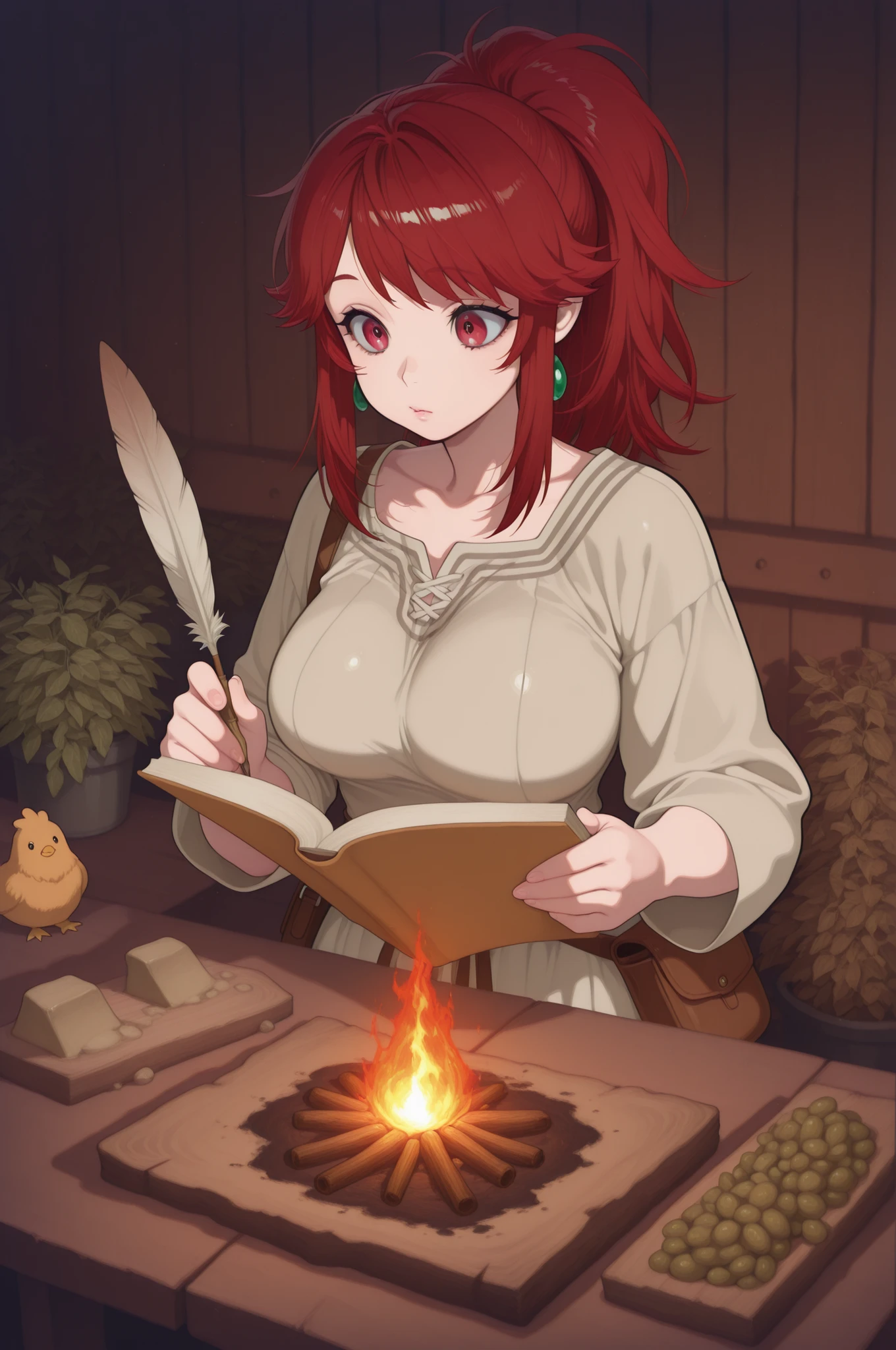  Akemi Aizawa, long hair, ponytail, fringe, red hair, , earrings, pink lips , fire red eyes, muscle body, | Medieval village at sunrise, young scholar RepoChi on a knowledge adventure, non‑transparent rustic attire (long linen skirt, oversized woolen tunic, leather satchel), curious expression, holding an open sketchbook and quill, quaint cottages with thatched roofs in background, chickens and pigs wandering near dirt paths, wooden signpost with strange symbols, villagers glancing with mild interest, scattered parchments and crude diagrams on a rustic table, primitive tools suggesting early experimentation (magnifying lens, clay tablets, quill pens), soft morning light casting long shadows, hints of fantasy technology (glowing crystal in satchel, unusual plant specimens), warm earthy color palette (sepia, olive, burnt orange), photorealistic style, 8k quality, detailed textures (woven fabric, parchment, rough wood), cinematic lighting with gentle contrasts, professional composition, focus on exploration and discovery, PG‑13 tone (emphasis on learning and curiosity), best quality, atmosphere of quiet wonder and intellectual pursuit.

