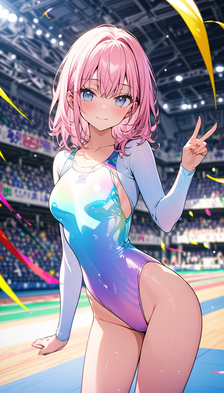 highquality illustration, masterpiece, very delicate and beautiful, attractive girl,(gymnastics leotard, Floral patterns leotard,long sleeve leotard with glittery decoration,high_leg leotard,athletic leotard,tight-fit leotard,iridescent gradient leotard,long-sleeve leotard),thin,slender body,slim,high school,gymnasium background,gymnastics club,gymnastics athlete,princess, beautiful eyes,light smile,(masterpiece, best quality:1.2), highres, extremely detailed CG unity 8k wallpaper, perfect lighting, Colourful, ultra-high res,4K,ultra-detailed, photography, 8K, HDR, 17 ages, full body,