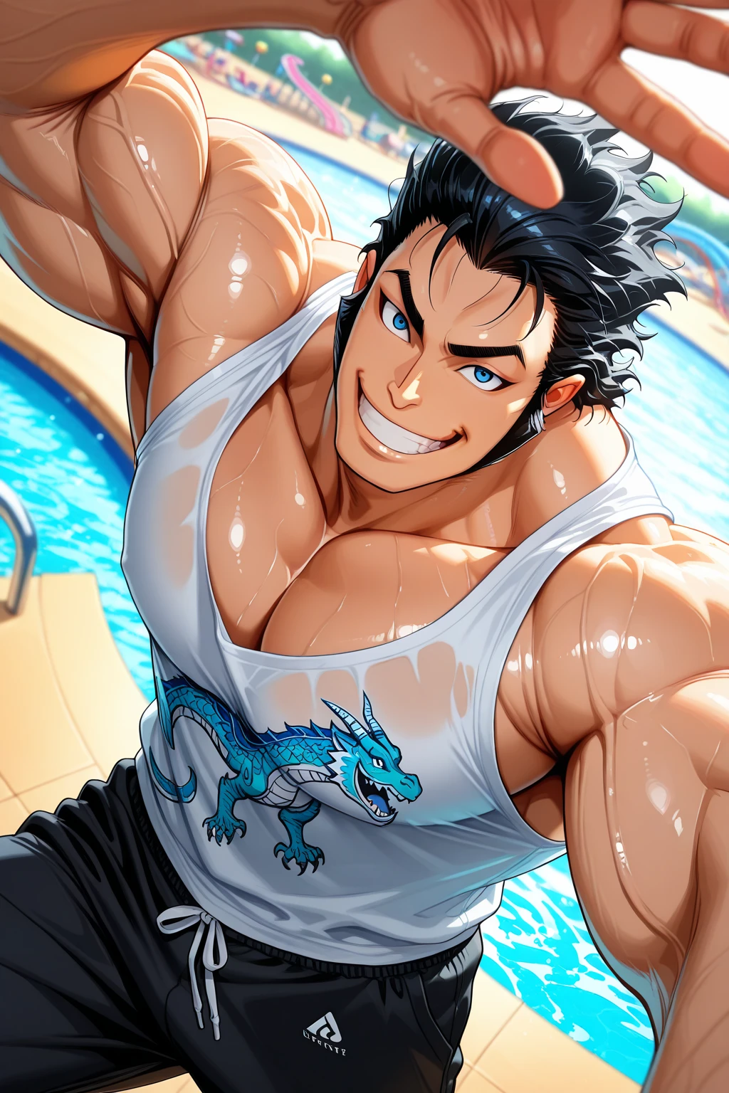 score_9, score_8_up, score_7_up, score_6_up, perfect anatomy, perfect proportions, best quality, masterpiece, high_resolution, high quality, aesthetic, absurdres, (male focus), solo male, adult, mature, masculine, manly, handsome, charming, alluring, cowboy shot, dutch angle, source_game, official style, Dagon, TASDagon, brown eyes, black hair, short hair, facial hair, stubble, dark skin, TTASDagon_outfit03, topless, arm fins, side-ring briefs, white side-ring briefs, bottomless, open mouth, mischievous grin, tongue out, ((translucent tentacles)), gills neck, arm fins, wet, water, sweaty, erotic