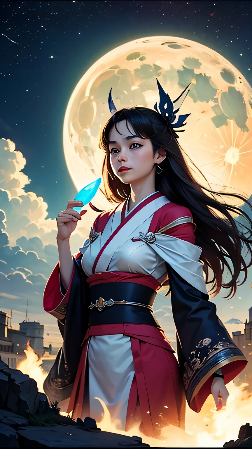 watching at viewers、Ancient capital and moon in the background、poneyTail、glossy dark hair、cute  face、japanes、{{{Luxury kimono(Black kimono(Detailed golden embroidery,))}}}、face perfect,Depict a beautiful and graceful woman of Japan。Heart in the eye。full body Esbian。 Beautiful anime art wallpaper 8k, beautiful fantasy anime, Beautiful anime, Detailed anime artwork.Blur the background with a sickle,((masutepiece)), ((Best Quality))