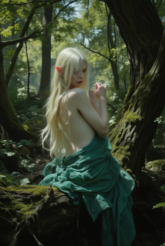 Russian Girl 15 Years Old - Wood Elf Druid in the Forest (RPG), dressed as a druid, Fantasy,TOLKIEN,8K ,真实感, Photo , hight resolution, real looking skin, No cosmetics, A big white wolf stands in the distance,, to the girl : elf-ears , Sophisticated appearance,  plump body, pale skin with fair skin, girl dressed as a druid ,elf,In clothes, fentezi, mystical forest,Breasts are protruding、fullnude、nakedness、Pubic hair is also showing