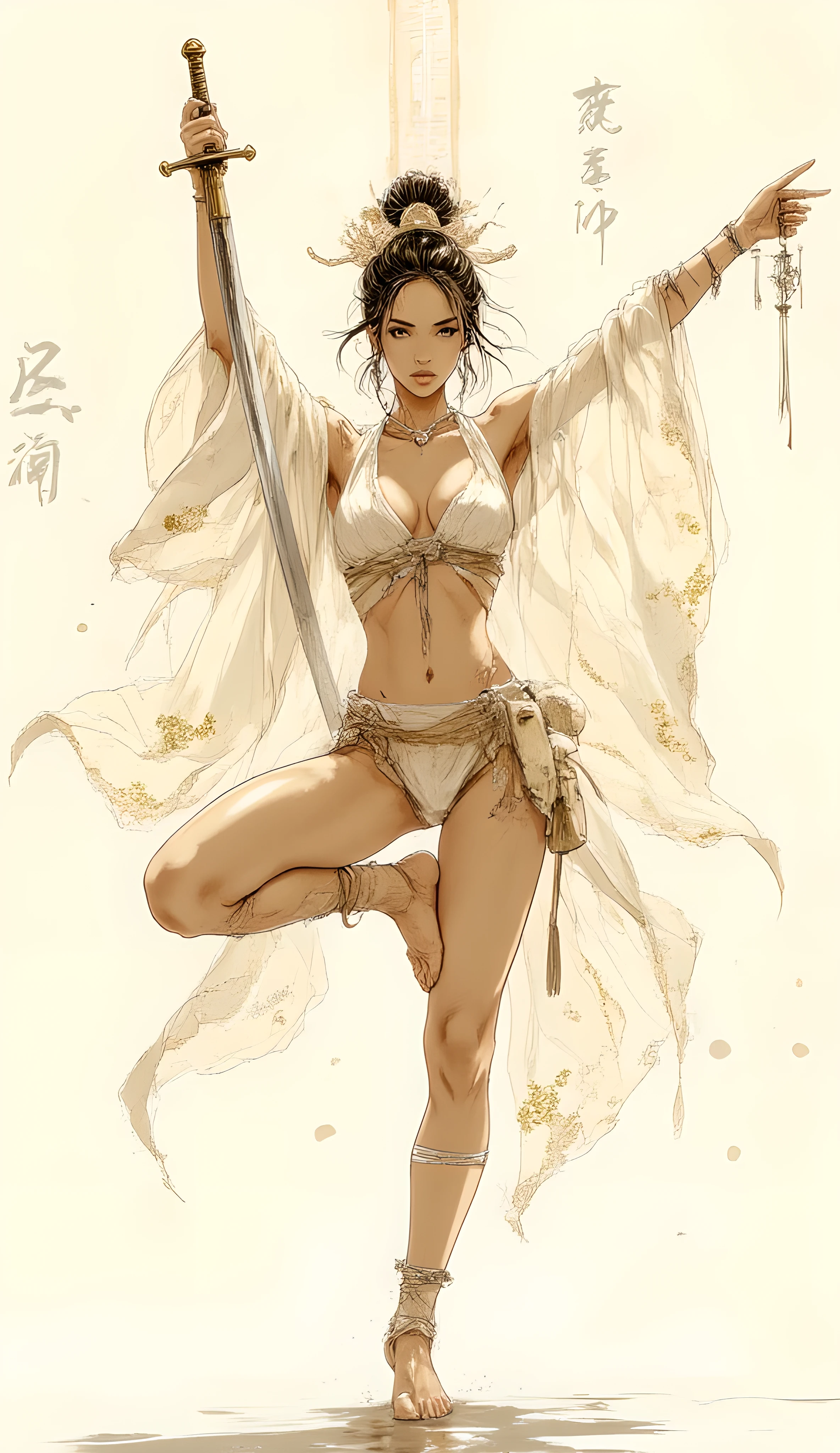 Comic art. Score_9, score_8_up, score_7_up, ((highest quality)), ((masterpiece)), ((full face)), Perfect Face, (High definition), (Best Shadow), 8k, cinematic, (Realistic:1.4),dramatic. A beautiful, alluring, and breathtaking woman, with a slender yet athletic physique. Her hair is styled in a sophisticated updo, accentuating her graceful neck and shoulders. She holds a gleaming katana with exquisite control, using it as a prop for balance in dynamic yoga poses, conveying both strength and serenity. Her expression is focused and serene, embodying a blend of discipline and allure.
She is dressed in a very wide and short, seductive kimono, made of luxurious seethrough silk fabric that drapes elegantly. The kimono is off-white or light cream in color, with subtle, delicate floral patterns in gold or silver thread that catch the light. The sleeves are voluminous and flowing, and the hem is daringly short, revealing her long, toned legs. The overall impression is one of sensual elegance and traditional inspiration.
A pristine, clean white background, softly illuminated to create a sense of ethereal calm. Subtly integrated into the background are faint, almost translucent Chinese brushstroke characters, appearing as if painted with diluted ink. These characters are artistic and abstract, adding a touch of cultural depth without distracting from the main subject. The lighting is soft and diffused, creating gentle shadows that add depth without harshness.
Photorealistic, high-resolution, editorial fashion photography style, with a fine art aesthetic. The lighting should be dramatic yet soft, highlighting the woman's form and the textures of her clothing and the katana. Emphasize sharp focus on the subject with a slight, pleasing bokeh in the background. Inspired by the elegance of traditional Asian art blended with modern sensuality.
Extremely high detail, ultra-realistic, cinematic quality, professional studio shot, intricate details, sharp focus, light pastel colors