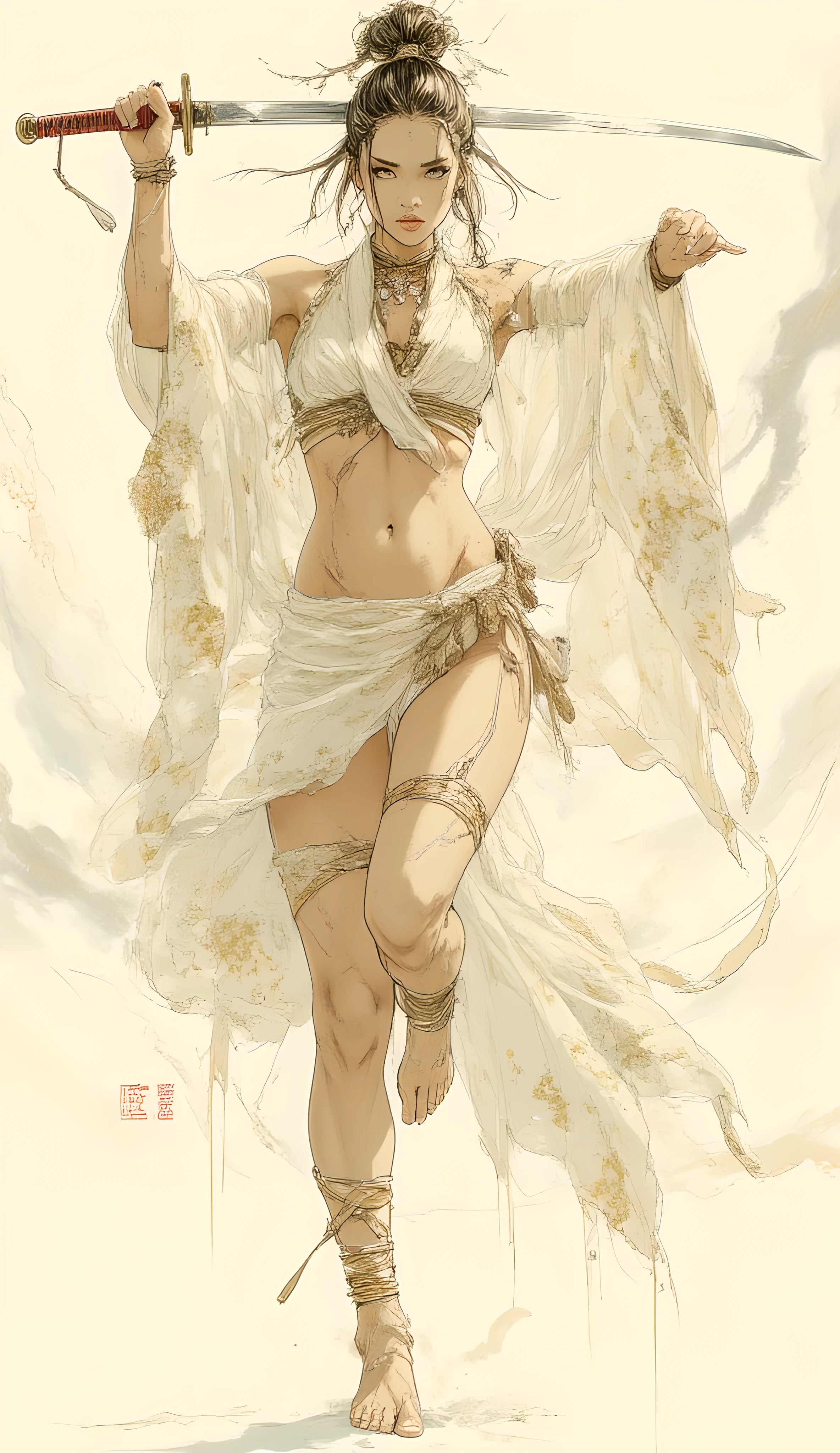 Comic art. Score_9, score_8_up, score_7_up, ((highest quality)), ((masterpiece)), ((full face)), Perfect Face, (High definition), (Best Shadow), 8k, cinematic, (Realistic:1.4),dramatic. A beautiful, alluring, and breathtaking woman, with a slender yet athletic physique. Her hair is styled in a sophisticated updo, accentuating her graceful neck and shoulders. She holds a gleaming katana with exquisite control, using it as a prop for balance in dynamic yoga poses, conveying both strength and serenity. Her expression is focused and serene, embodying a blend of discipline and allure.
She is dressed in a very wide and short, seductive kimono, made of luxurious seethrough silk fabric that drapes elegantly. The kimono is off-white or light cream in color, with subtle, delicate floral patterns in gold or silver thread that catch the light. The sleeves are voluminous and flowing, and the hem is daringly short, revealing her long, toned legs. The overall impression is one of sensual elegance and traditional inspiration.
A pristine, clean white background, softly illuminated to create a sense of ethereal calm. Subtly integrated into the background are faint, almost translucent Chinese brushstroke characters, appearing as if painted with diluted ink. These characters are artistic and abstract, adding a touch of cultural depth without distracting from the main subject. The lighting is soft and diffused, creating gentle shadows that add depth without harshness.
Photorealistic, high-resolution, editorial fashion photography style, with a fine art aesthetic. The lighting should be dramatic yet soft, highlighting the woman's form and the textures of her clothing and the katana. Emphasize sharp focus on the subject with a slight, pleasing bokeh in the background. Inspired by the elegance of traditional Asian art blended with modern sensuality.
Extremely high detail, ultra-realistic, cinematic quality, professional studio shot, intricate details, sharp focus, light pastel colors
