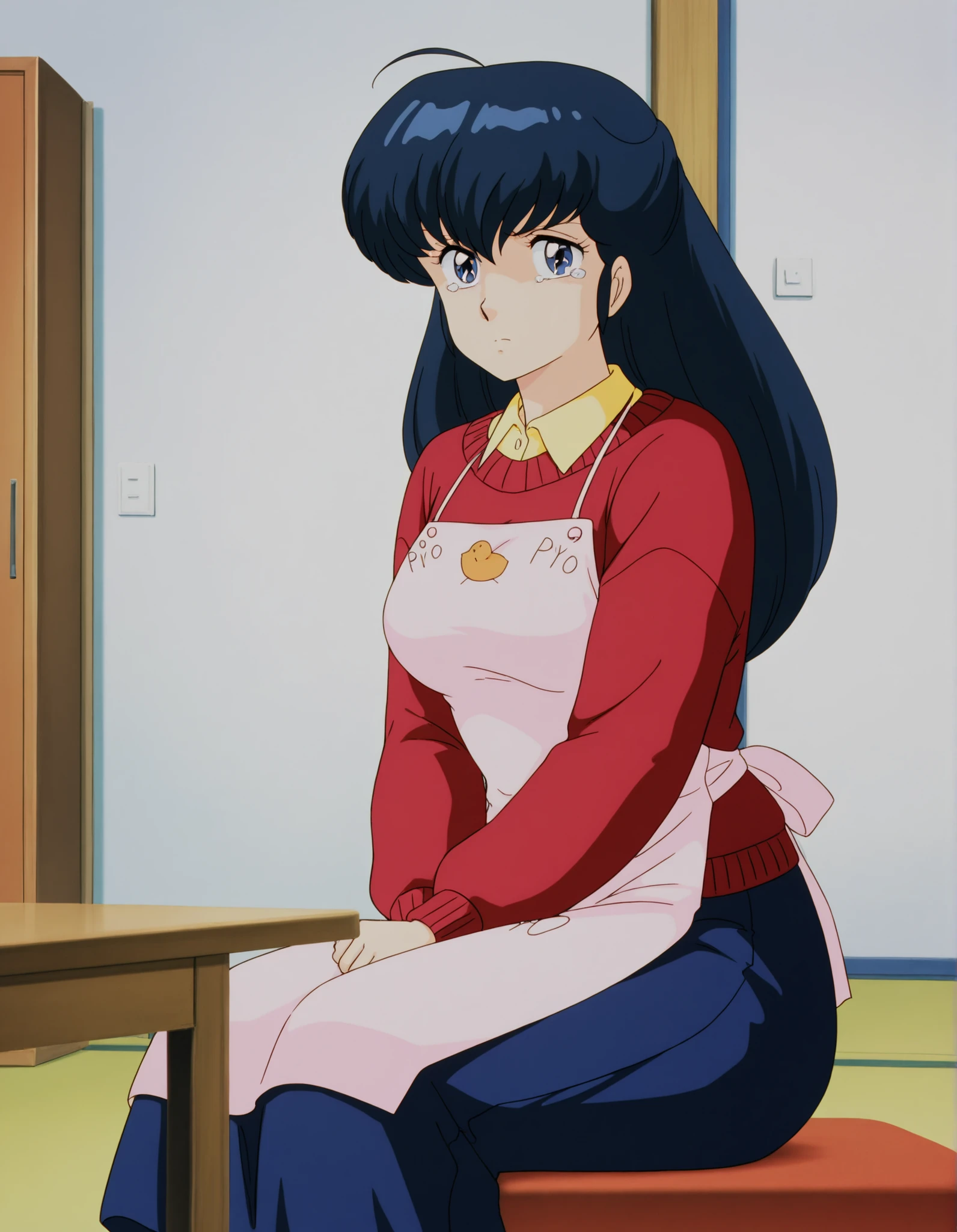 masterpiece, best quality, amazing quality, detailed background, perfect eyes, anime coloring, anime screenshot, 1980s \(style\), 1girl, solo, mature female, otonashi kyouko, black hair, long hair, , blue eyes, medium breasts, yellow shirt under red sweater, long sleeves, blue skirts, piyo piyo apron, folded her arms ,feel jealous , looking at viewer, sitting in her Room ,upset and jealous، alone in ahoge room , tears in her arms ,kotetsu table