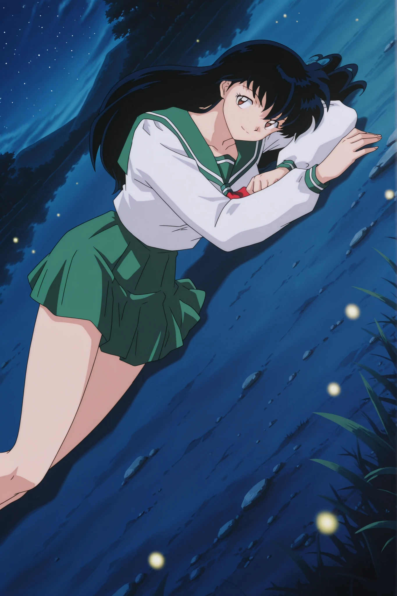 Higurashi kagome \(inuyasha\), solo, sexy curvy body, masterpiece, 16K resolution, perfect anatomy, seductive pose, erotic, attention to detail, (dynamic angle), detailed background, under night sky, falling stars, beautiful night sky on bank of the river, fireflies roaming on flowers, (anime screencap), wearing her own clothes, , lying on her side, , teasing the viewer, , nsfw ,official style,Higurashi kagome (2000s anime analog),retro artstyle, black hair , brown eyes , uniform , long sleeve , , green skirt , red neckerchief,kagomeillustrious, long hair, black hair, brown eyes, school uniform, serafuku, green sailor collar, red neckerchief, sailor collar, neckerchief, long sleeves, green skirt, anime coloring, anime screenshot, retro artstyle ,