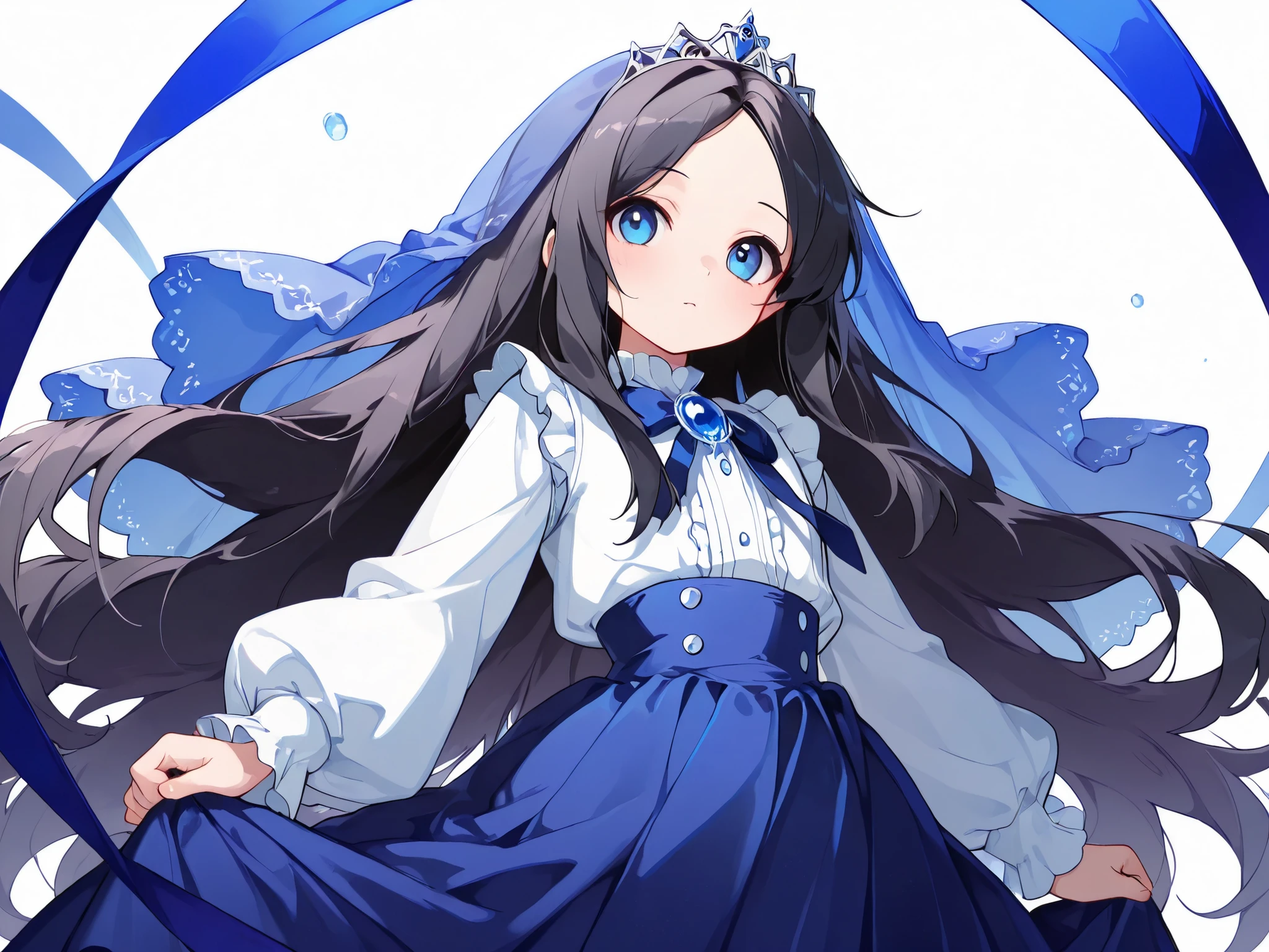 masterpiece, ultra-HD, high detail, depth of field, best quality, 8k, best quality, ergonomic, (anime coloring, anime screencap), official art.
((1 male, solo, handsome)), very long hair, black hair, messy hair, ((off center parted bangs, forehead)), blue eyes, flat chest, magical girl, 魔法少女, tiara, long blue veil from tiara, mahou shōjo, white ruffled silk shirt, indigo blue skirt, high waisted skirt, long skirt, high-low skirt, elegant posture, ((big) blue ribbon on chest), flared skirt, stocking