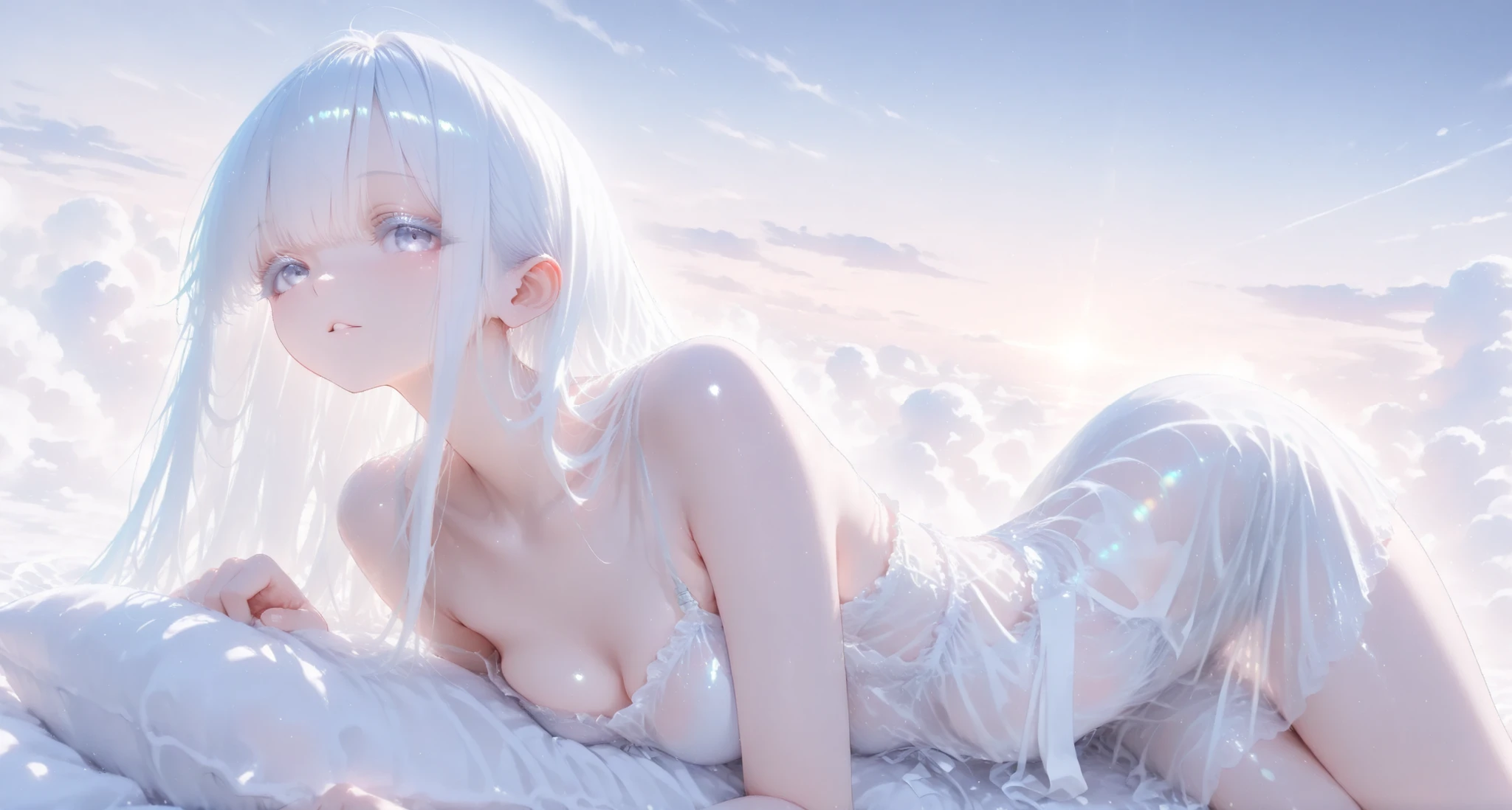 aria, white hair, white eyelashes, see through clothing, dreamy atmosphere, Lying on top of the clouds