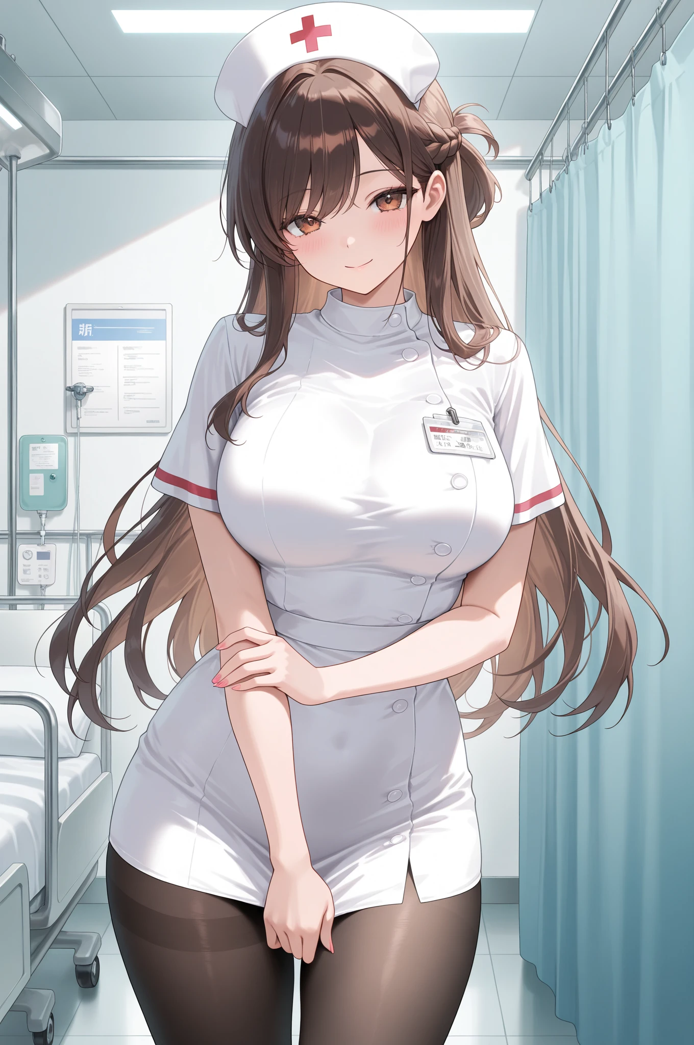 Score_9, score_8_up, score_7_up, source_anime, kuwayama chiyuki, solo, large breasts, single braid, brown hair, brown eyes, (best quality), (high quality), {masterpiece}, extremely delicate and beautiful, ultra-detailed, beautiful detailed eyes, nurse, nurse hat, ((white nurse's outfit)), white gloves, white thighhighs, hospital room, smile, open mouth, standing