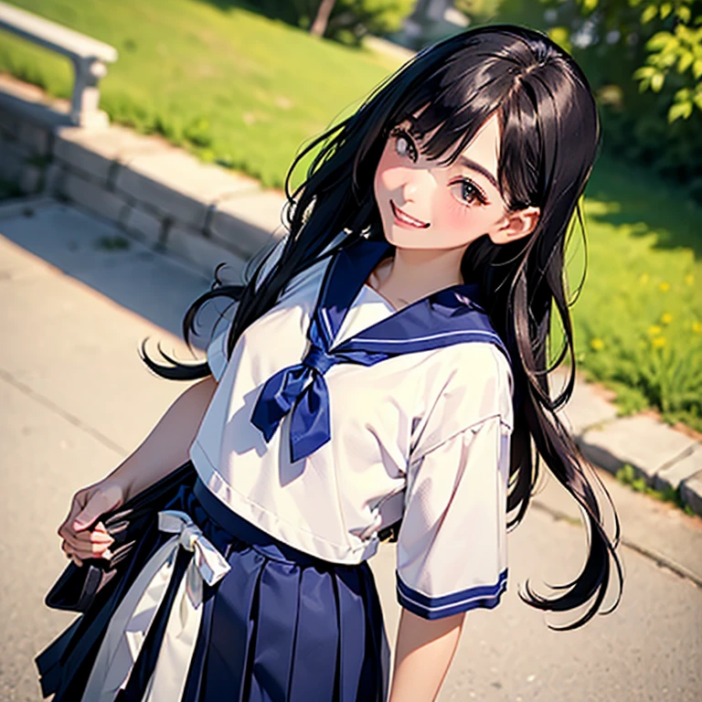 (cabello despeinado), (illustration), retrato, (fondo de ciudad futurista), (arms behind back), Cintura delgada, gran sonrisa, ojos detallados, abdominales fuertes, chica delgada, strong abs, muscle girl, front pose, big thighs, focus on face, big  chested, large city background, blue hair, sailor uniform, skirt, sit on rock