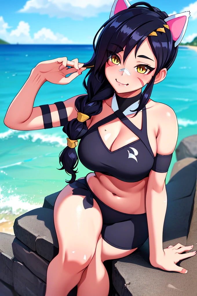 Erisa, 1girl, solo, long hair, looking at viewer, black hair, bandaid on face, yellow eyes, animal ears, smile, bandaid on nose, braid, cat ears, bandaid, bangs, , fake animal ears, simple background, fang,  shoulders, scar,  shoulders, closed mouth, hair over one eye, portrait, hair over shoulder, legs, , bathing suit, 2 piece swimsuit, beach, realistic, highly detailed face, detailed eyes, best quality, masterpiece, ultra detail, ultra high res, extreme detail, 8k, uhd, curvy,
