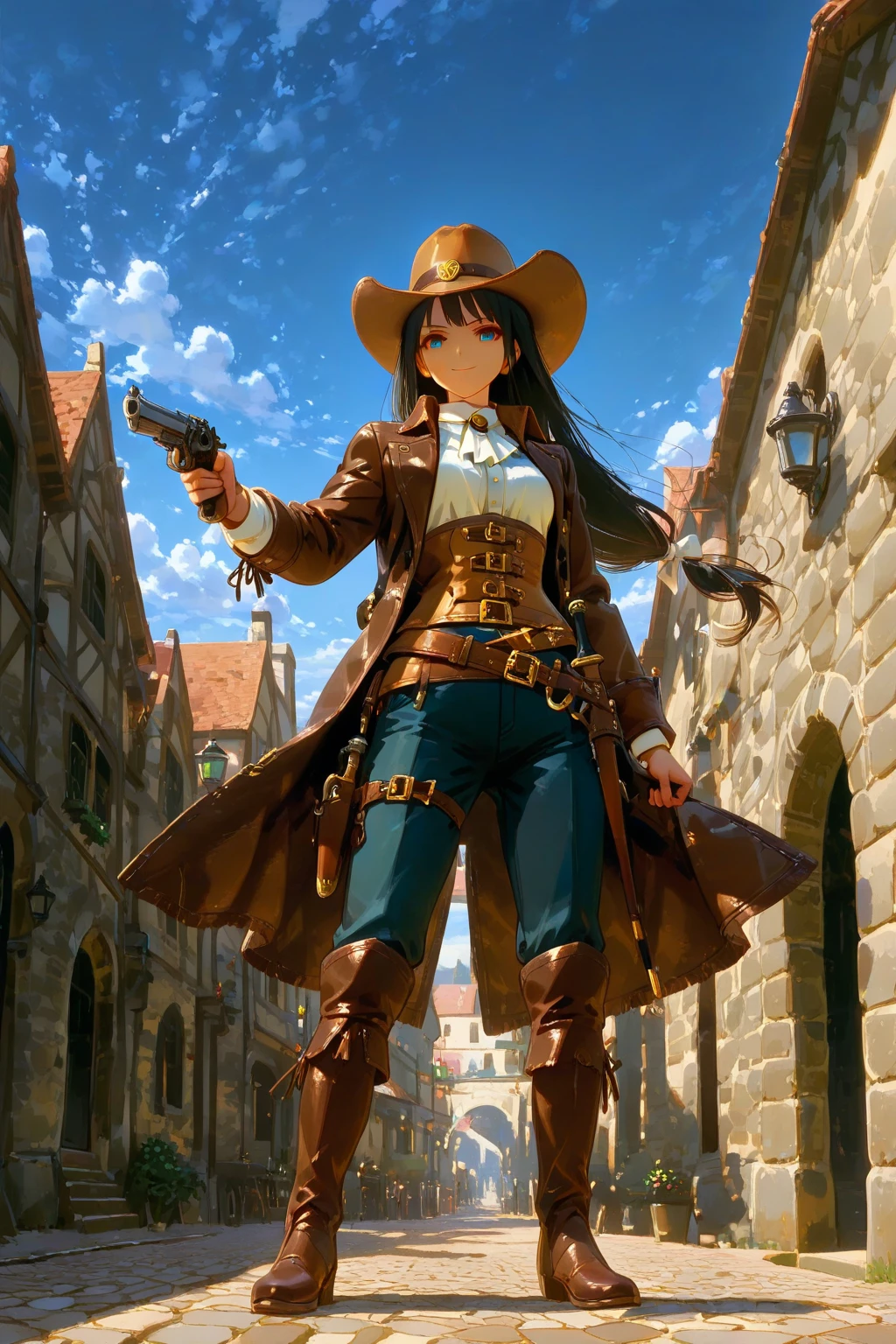 cool cowgirl, fantasy adventurer, cowboy hat, decorated hooded armor jacket, cross belt, Brown leather pants, Red leather long boots, absurdres, RAW photo, extremely delicate and beautiful, masterpiece, Best Quality, ultra high resolution, 32k, hyperrealistic, ultra-detailed, detailed description, pale skin, 20 years old, tearful mole, earring, short medium hair, wavy hair, whole body shot,