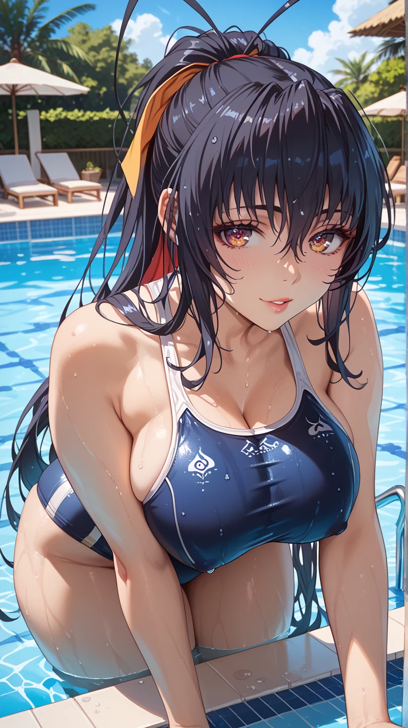 (Masterpiece, BestQuality:1.3), (ultra detailed:1.2), (hyperrealistic:1.3), (RAW photo:1.2), High detail RAW color photo, professional photograph, (Photorealistic:1.4), (realistic:1.4), professional lighting, perfect ???????, (???????????:1.2), (blush, detailed face), (cheerful Smile:1.5), (Blue Hair:1.5), Trending Hair&Trending Hairカラーをランダムに, earrings, necklace, bracelet, sexly, ?????? sexly, Random ???? gravure poses, (???? beauty in a red ??????。Smiling by the luxurious pool、Sit on the edge of the pool and dip your feet in。: 1.3)