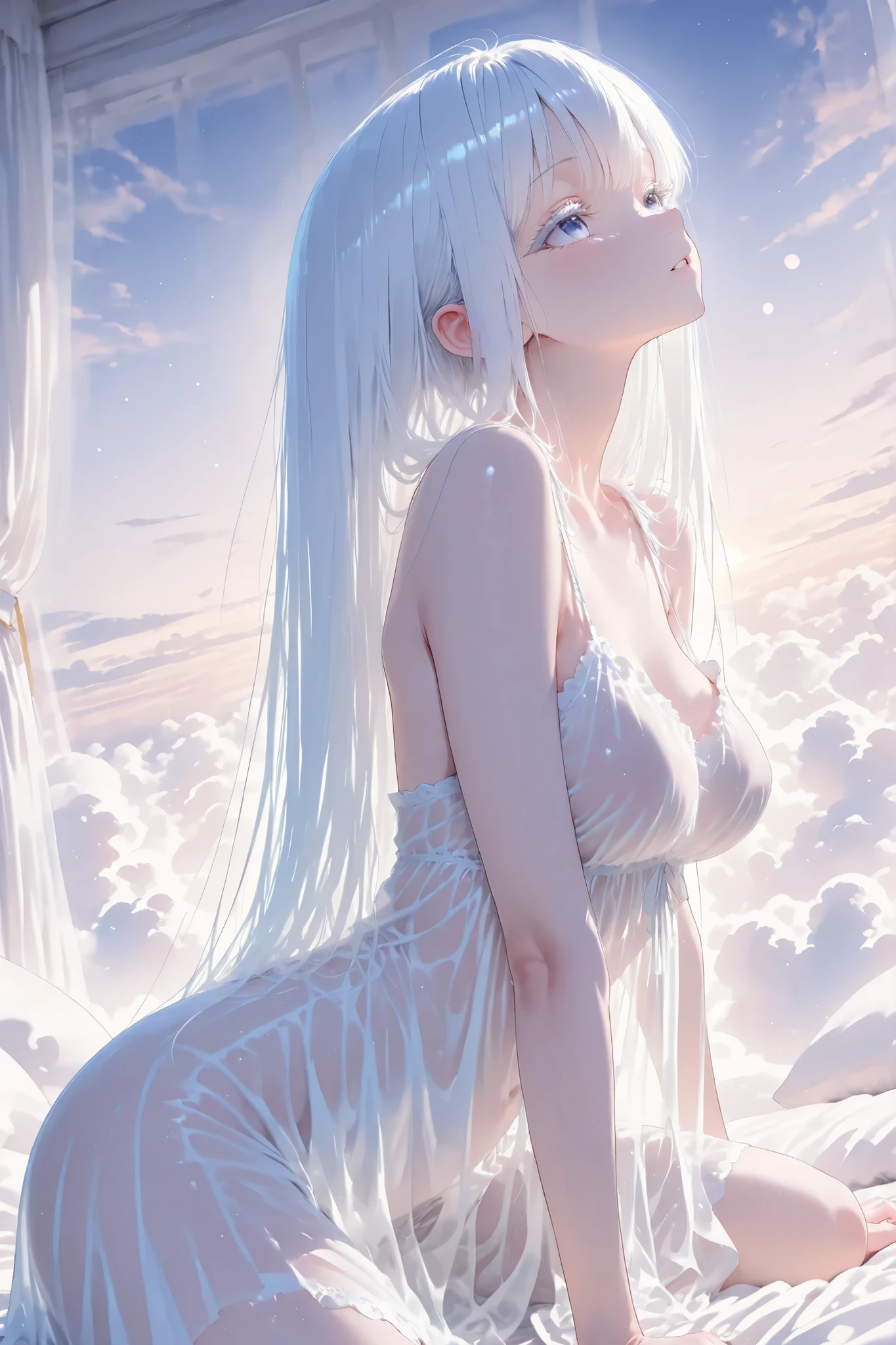 aria, white hair, white eyelashes, see through clothing, dreamy atmosphere, Lying on top of the clouds
