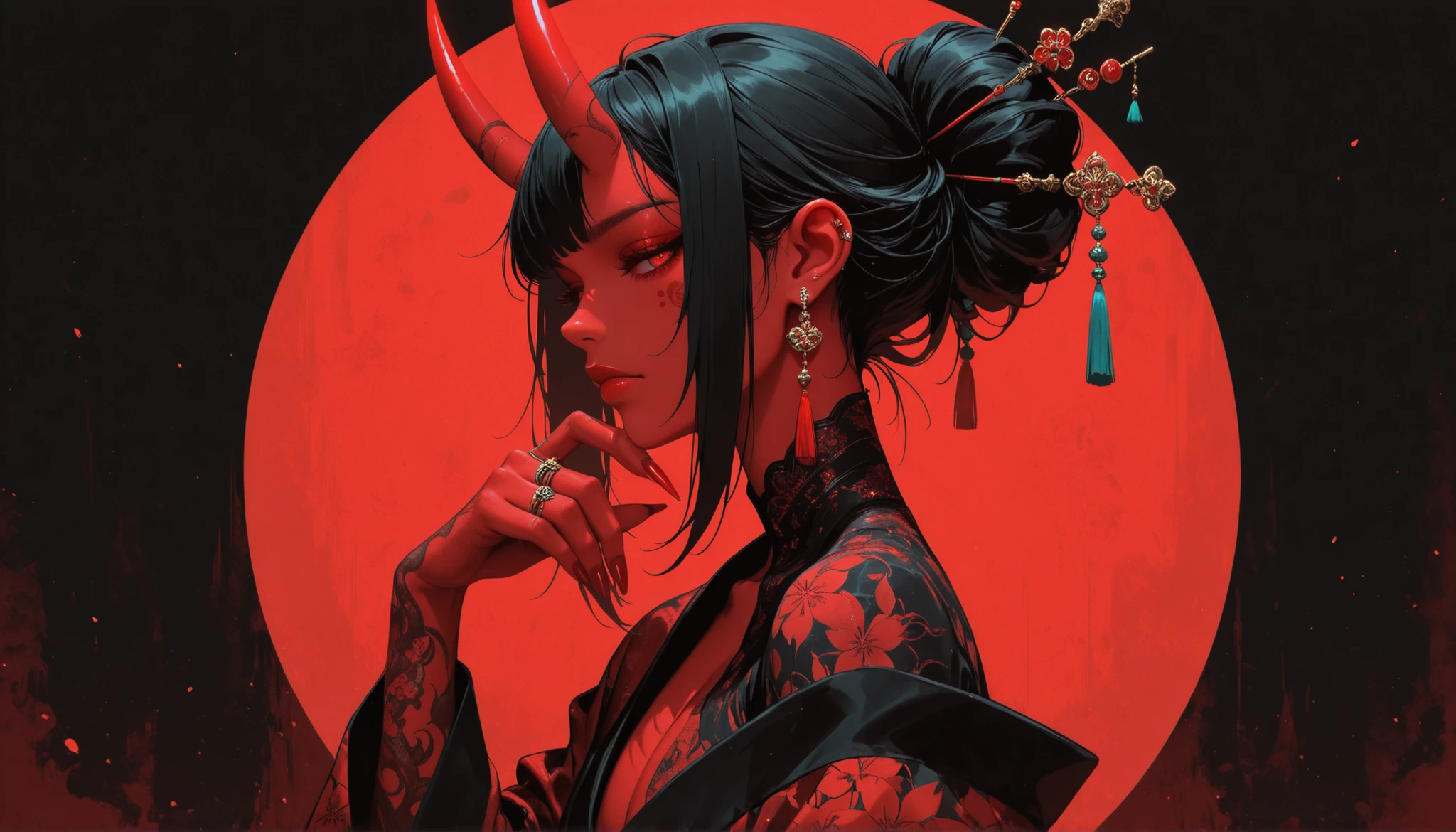 masterpiece, best quality, amazing quality, newest, very aesthetic, neomijicsteel, 1girl, solo, looking at viewer, black hair, long sleeves, hair ornament, red eyes, closed mouth, jewelry, upper body, male focus, sidelocks, earrings, horns, japanese clothes, hand up, kimono, off shoulder, hair bun, nail polish, from side, fingernails, eyelashes, lips, tattoo, makeup, colored skin, facial mark, floral print, pectorals, ring, single hair bun, black background, tassel, red background, red nails, two-tone background, eyeshadow, long fingernails, hairpin, oni, sharp fingernails, nose, eyeliner, red lips, hair stick, red kimono, hand on own chin, red horns, single bare shoulder, red skin, red theme, red eyeshadow, finger to own chin, very long fingernails
