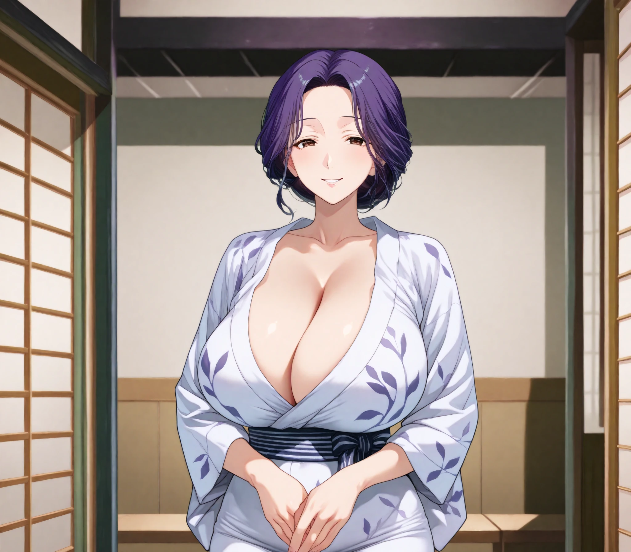 Miyuri, 1girl, huge breasts, (purple hair:1.5), white yukata, home background, brown eyes, (MILF:1.3), slim waist, (smiling:1.2), standing