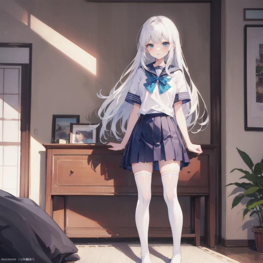 sagiri_izumi,1girll,Pink bow ,Shy，（dress lift：1.2），White ，Stockings，