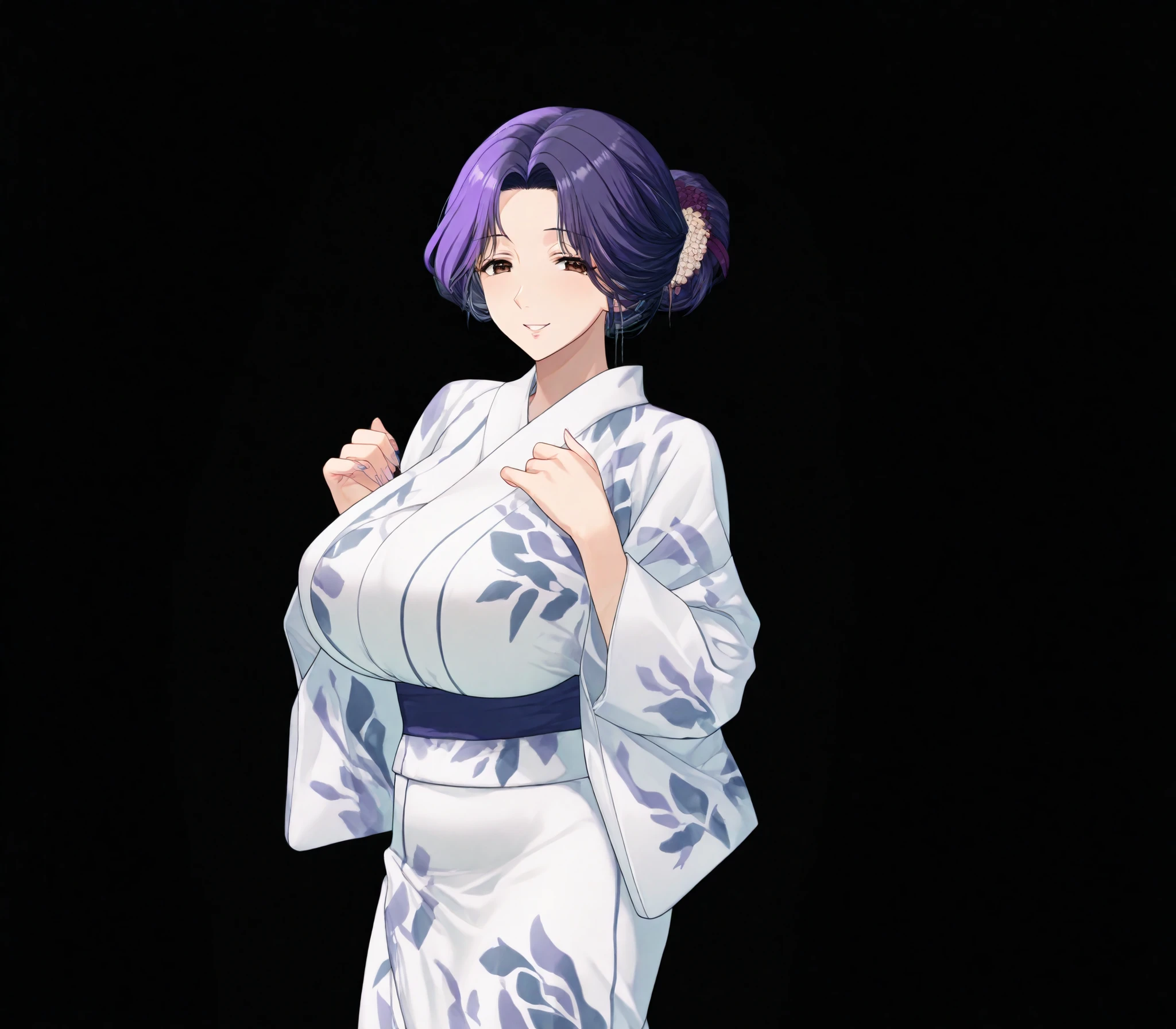 Miyuri, 1girl, huge breasts, (purple hair:1.5), white yukata, brown eyes, (MILF:1.3), slim waist, (smiling:1.2), standing