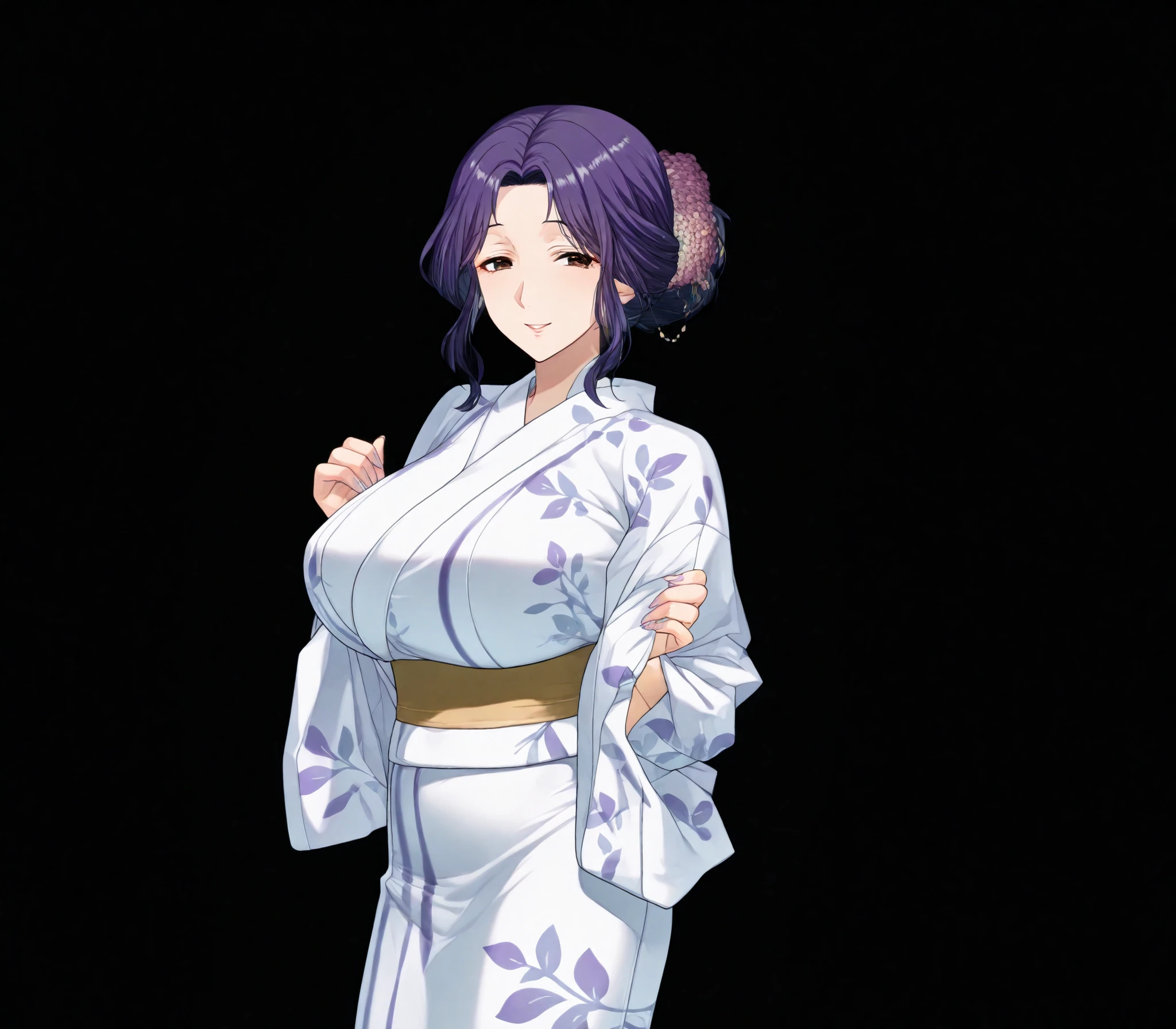 Miyuri, 1girl, huge breasts, (purple hair:1.5), white yukata, brown eyes, (MILF:1.3), slim waist, (smiling:1.2), standing