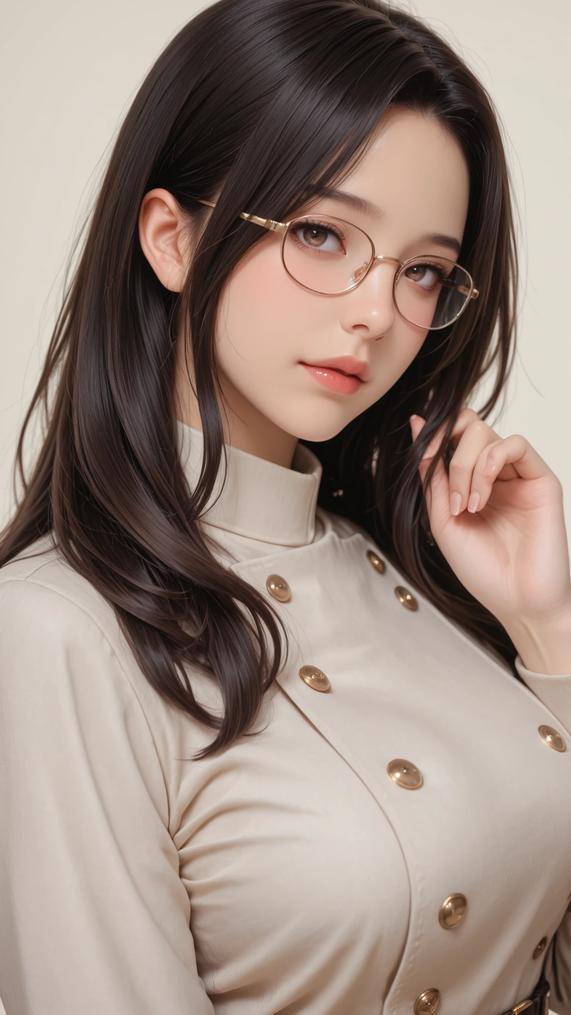 masterpiece, top quality, great quality,1人のmatureの下の円, solo, 35 years old, mature, bust up,Glasses,small breasted