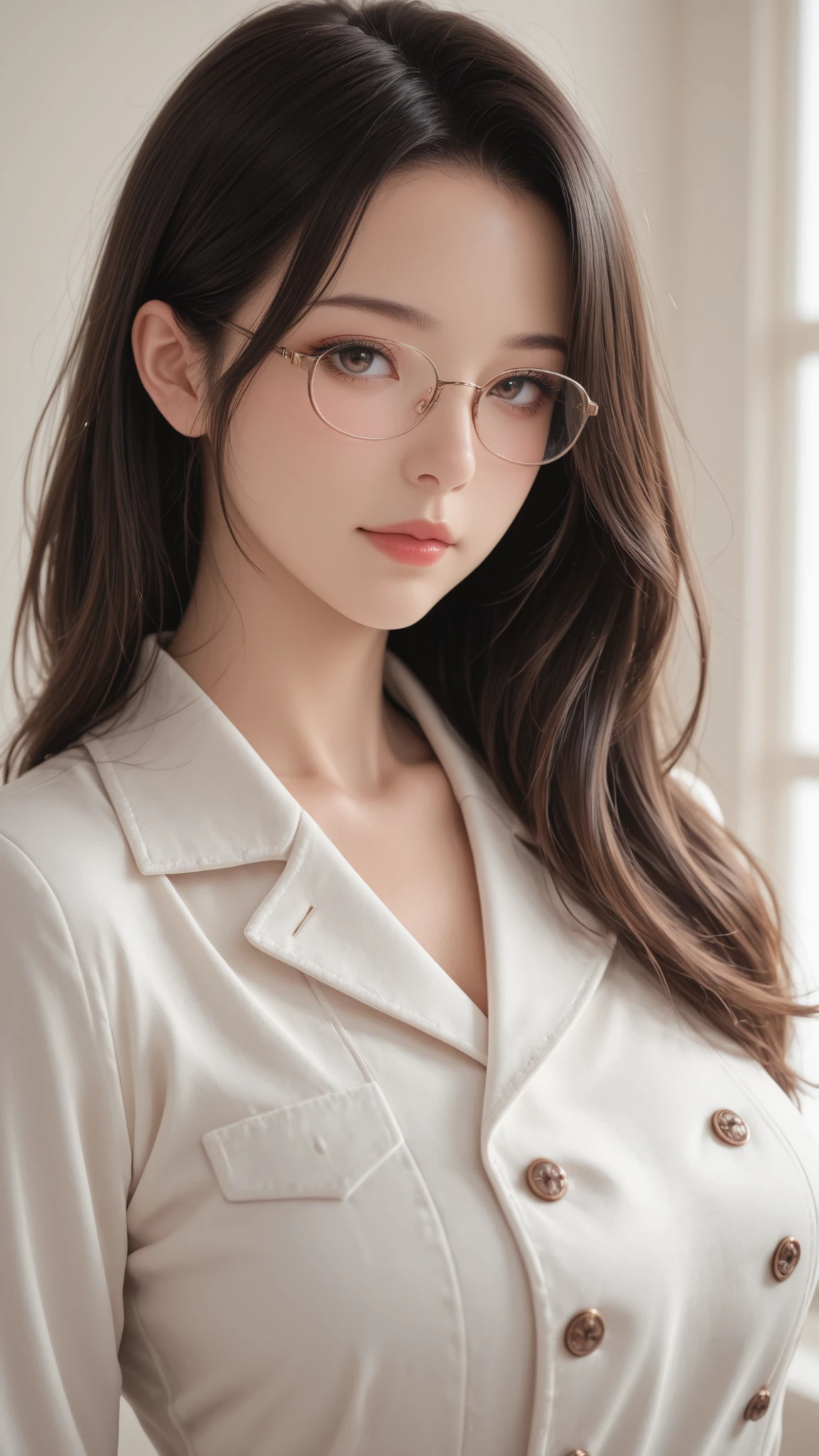 masterpiece, top quality, great quality,1人のmatureの下の円, solo, 35 years old, mature, bust up,Glasses,small breasted