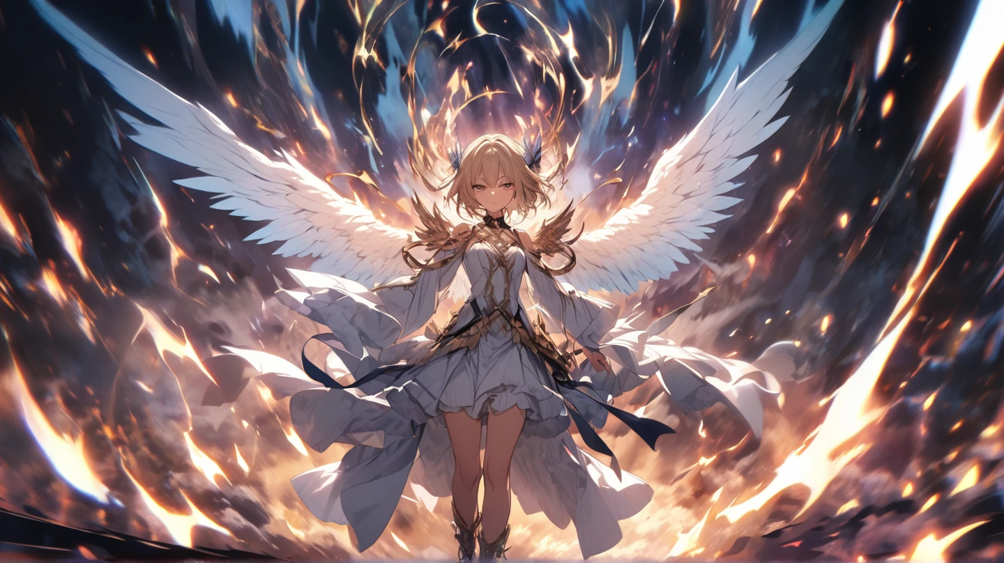 One girl、On the wings of light、Light wings glow on a dark background、contrast of darkness and light、(((masterpiece))), (best quality), (ultra detail), (very_high_resolution), (large_filesize), (full color)、Line art、neon、front、Magical girl