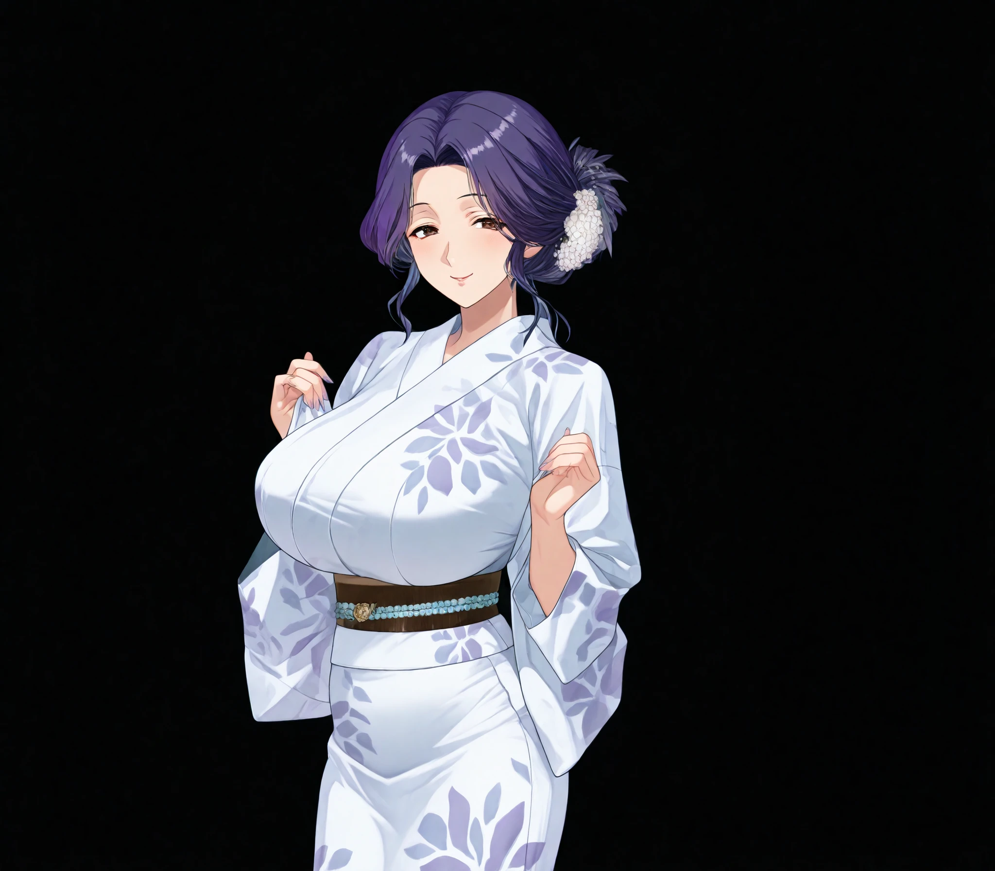 Miyuri, 1girl, huge breasts, (purple hair:1.5), white yukata, brown eyes, (MILF:1.3), slim waist, (smiling:1.2), standing