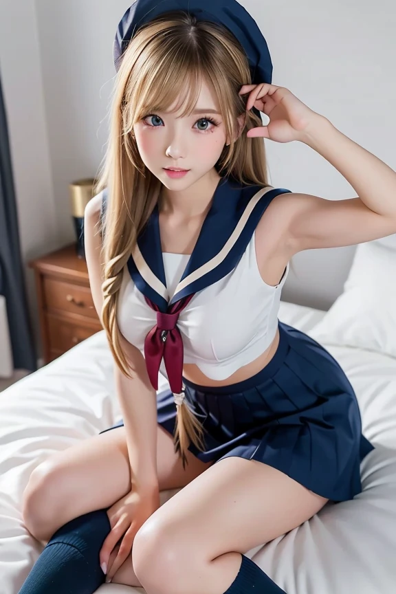 A beautiful young girl with blonde twintails wearing a sailor suit is leaning on a fluffy white sofa, lifting her white blouse to reveal a white bra, and opening her legs and lifting her skirt to reveal white lace panties., a blond, Photos of very beautiful Nordic-born girls,　12years, Blonde hair,Seductive  pose, 4k, top-quality, hight resolution:1.1), Drawing so that the  cloth of the white  is visible, tiny panties, white panties made of lace material、Blue plaid skirt, Red plaid skirt, high school student uniform、a sailor suit, Cleavage visible from the blouse, The clothes are fluffy, bed room, class room, dining room, tiny 、Underhair is transparent、 are see-through, Wet panties , Angle from your feet, The bra is sheer、Clothes are see-through、White panties with ribbon