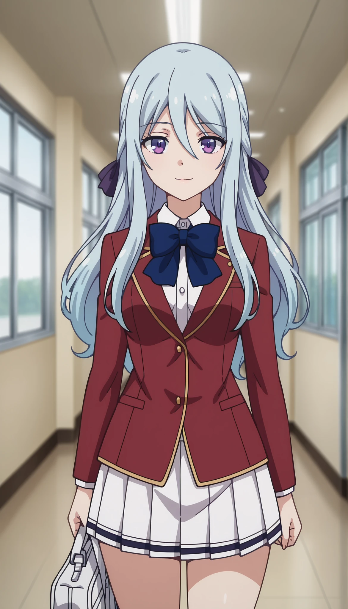anime screencap, masterpiece, best quality,
1girl, solo, closed mouth, light smile,glossy lips,
hair between eyes, long hair, light blue hair, purple eyes, hair ribbon, purple ribbon,
red blazer, long sleeves, two button blazer ,collared shirt, white shirt,button shirt, blue bowtie, 
miniskirt, pleated skirt, white skirt,
holding bag, school bag, white bag,
walking, looking at viewer, cowboy shot, three quarter view,
hallway, photo background, blurry background
 