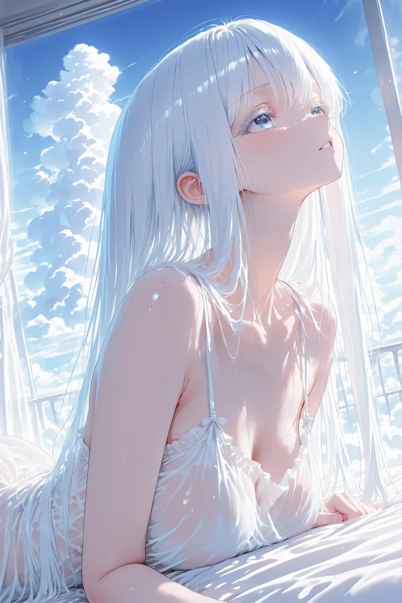 aria, white hair, white eyelashes, see through clothing, dreamy atmosphere, Lying on top of the clouds