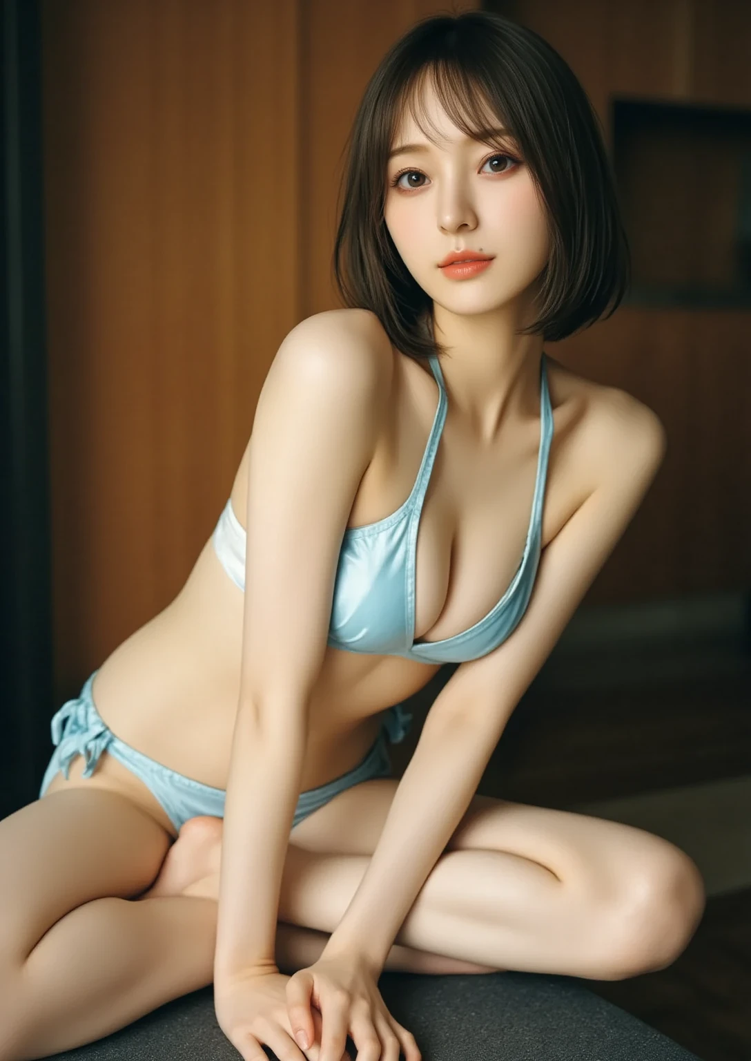 (sfw:2.0),high resolution、Real、8k、23 years old、1 female、Having children、A man in his fifties dressed in blue and white is squatting in the pool,  Woman with short blue hair, Plump body、Perfect proportions, Two-tone lighting, Low ISO, White balance, Large Diameter, 8K Original, Highly efficient subpixels, Subpixel Convolution, Luminous Particles, Light Scattering, (Graceful features), (Perfect face), Dynamic Angle、((Skeletally correct body))