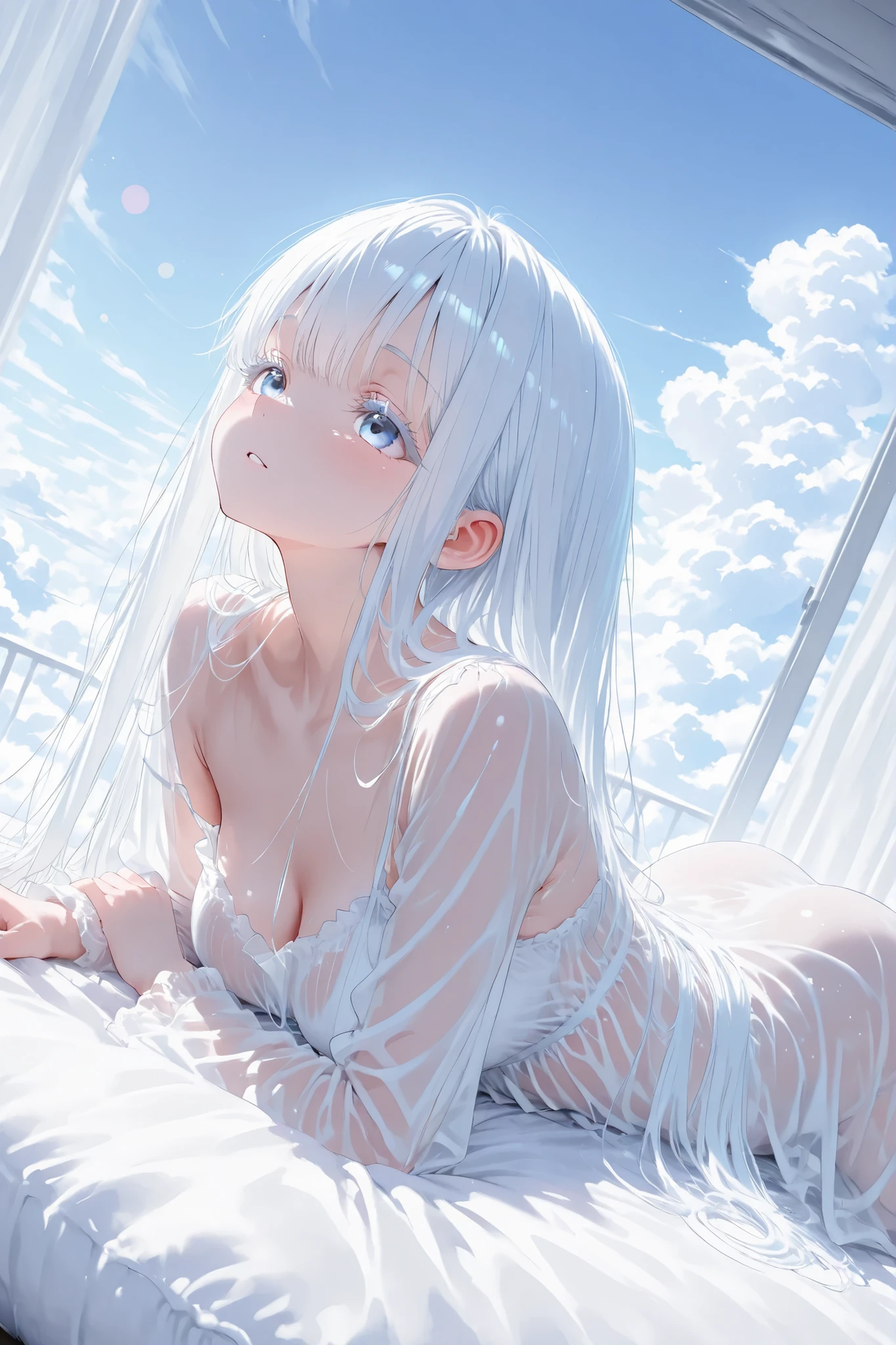 aria, white hair, white eyelashes, see through clothing, dreamy atmosphere, Lying on top of the clouds
