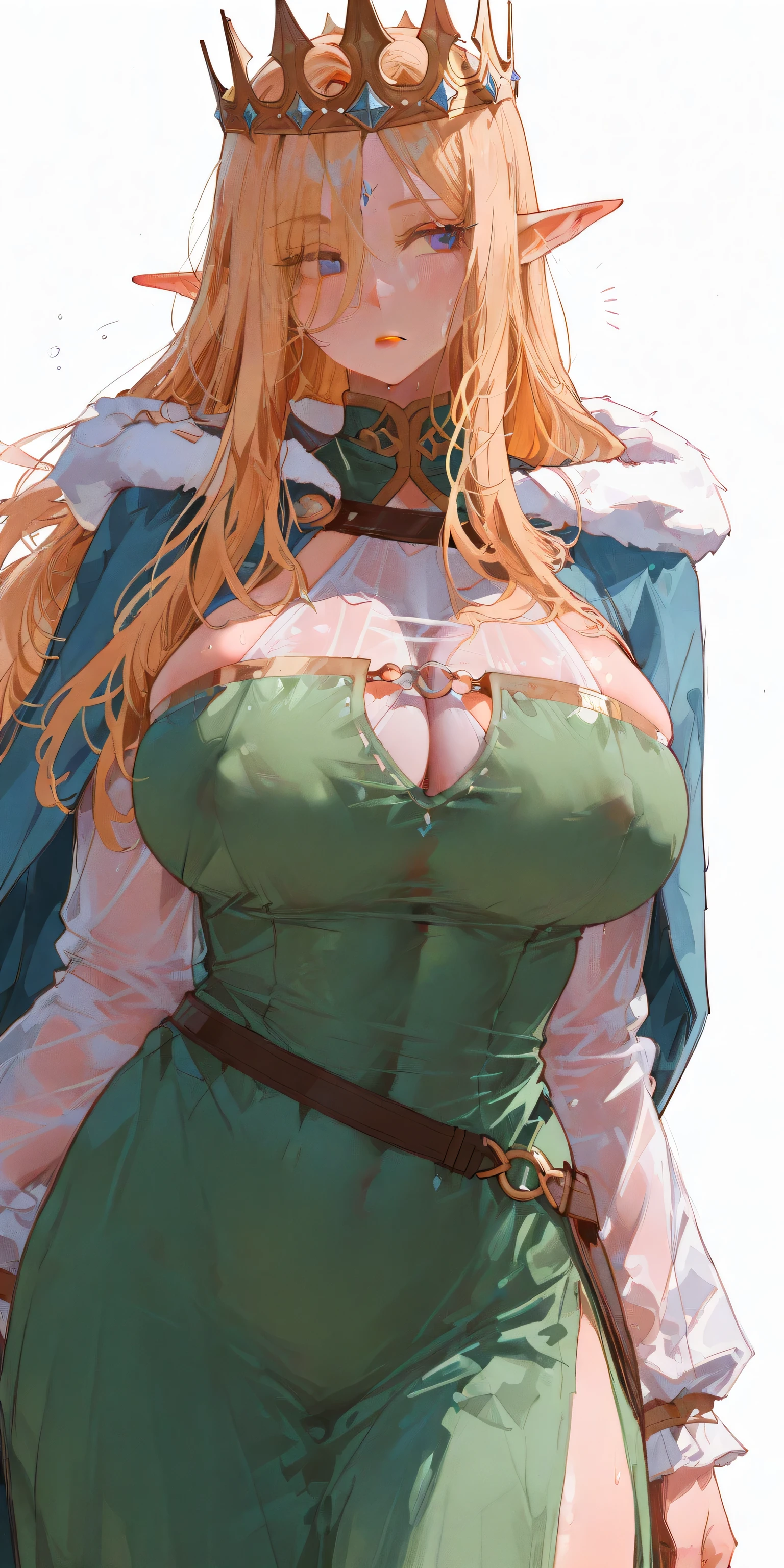 masterpiece, Best Quality, great quality,great details,8K,beautiful body ratio, solo,girl, , blonde busty elf queen, , strict gaze, cold face, with crown and cape, blue eyes, covered cleavage, extremely messy long hair, fully clothed, elf dress, sfw, correct eyes