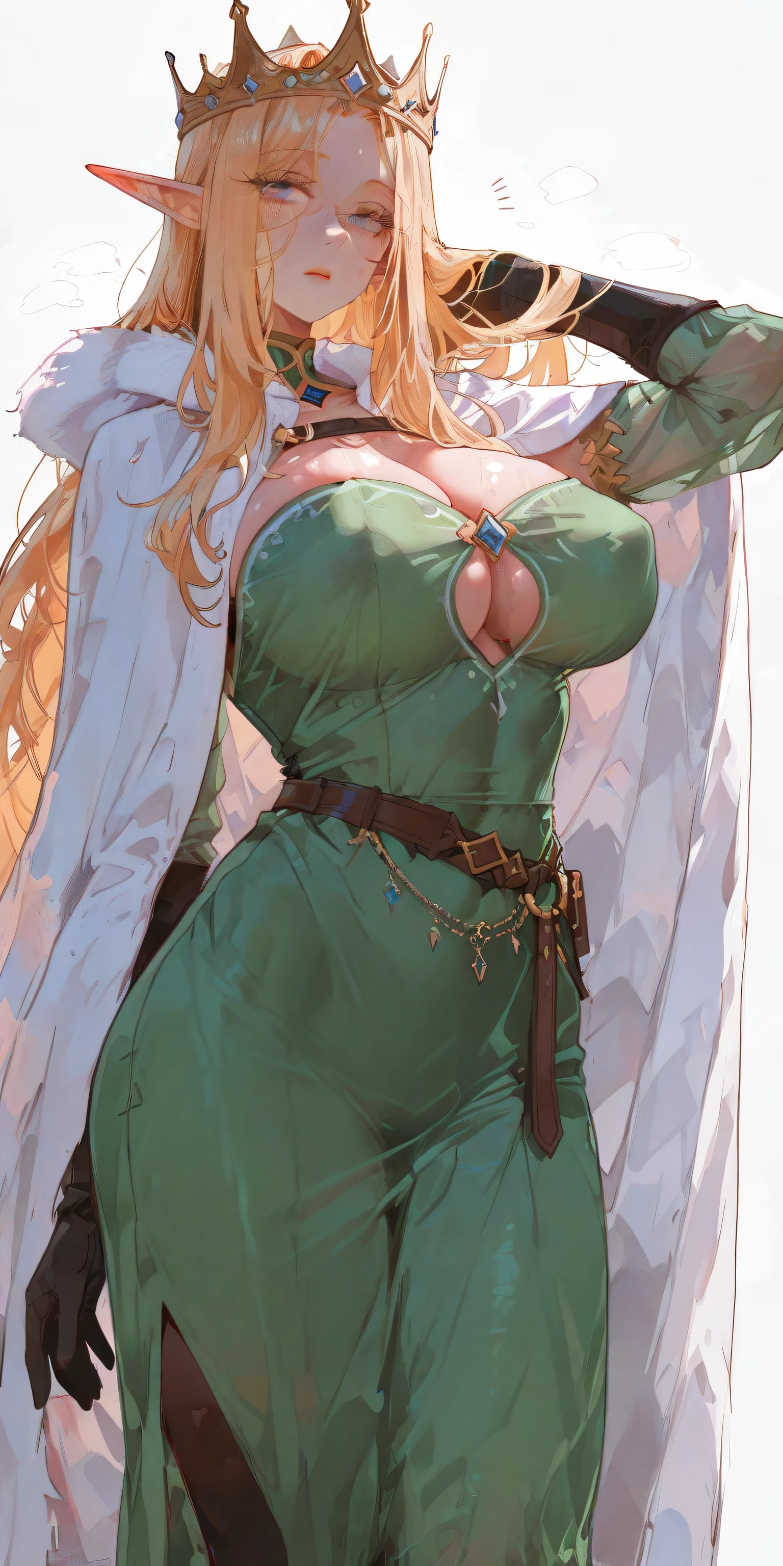 masterpiece, Best Quality, great quality,great details,8K,beautiful body ratio, solo,girl, , blonde busty elf queen, , strict gaze, cold face, with crown and cape, blue eyes, covered cleavage, extremely messy long hair, fully clothed, elf dress, sfw, correct eyes