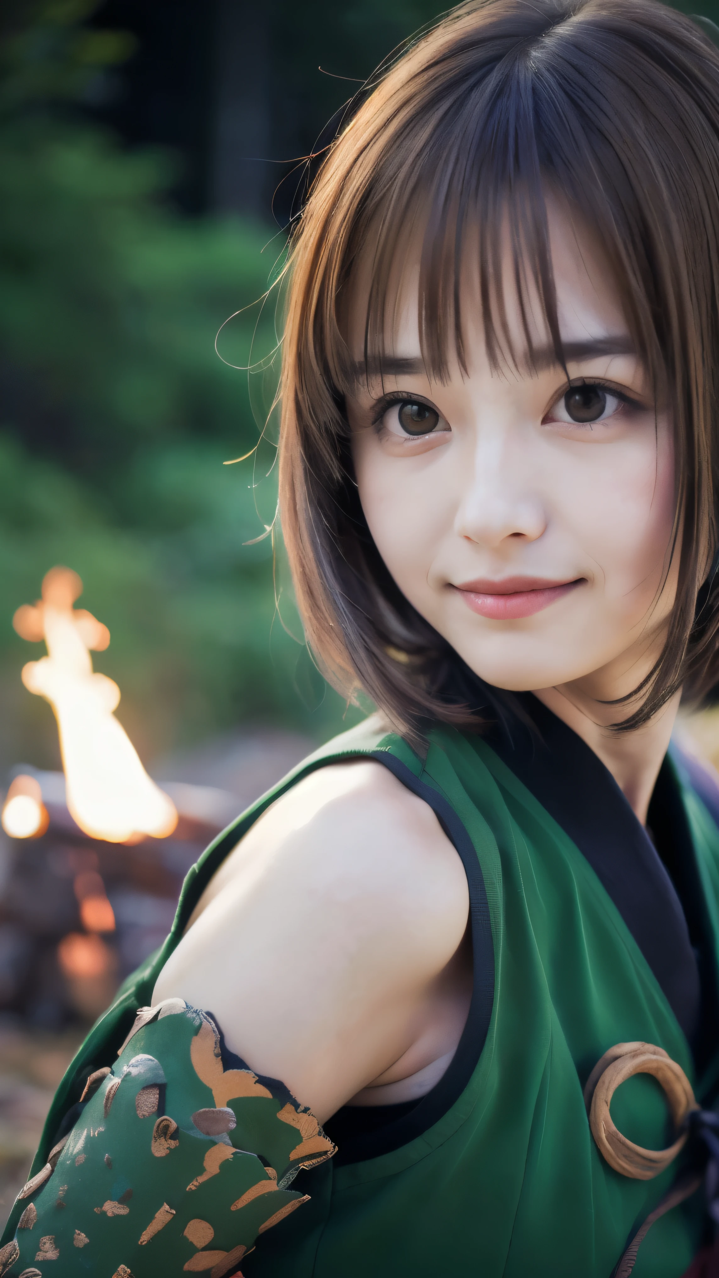 (Close up portrait of one slender small breast round face brown short hair with bangs girl in a green colored dirty armor warrior as samurai in Japan:1.5)、(One girl take a rest near the bonfire on the wilderness land in old Japan with dirty little smile:1.5)、(Dark midnight background:1.5)、(blurred background:1.5)、(Natural light:1.5)、(8k ultra detailed master piece:1.5)、(perfect anatomy:1.5)、(Photorealistic:1.5)、(Raw photo:1.3)、(highest quality:1.5)、(High resolution:1.3)、(Delicate and beautiful perfect face:1.3)、(Delicate and beautiful eye air skin:1.3)、(Real Human Skin:1.3)、((thin legs))