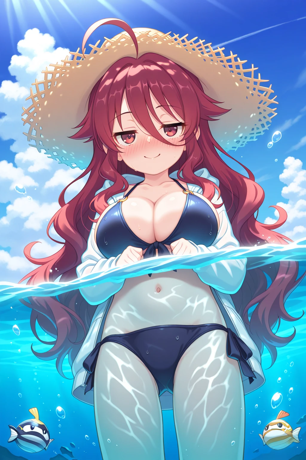 Anime girl in ?????? posing in front of waterfall, next to waterfall, nami One piece, she has long red-orange hair, fan art Marin Kitagawa, Thicc, Erza Scarlet as a real person, High Resolution Commission, Giantess Art, waterfalls in the background, Nami from one piece, with waterfalls