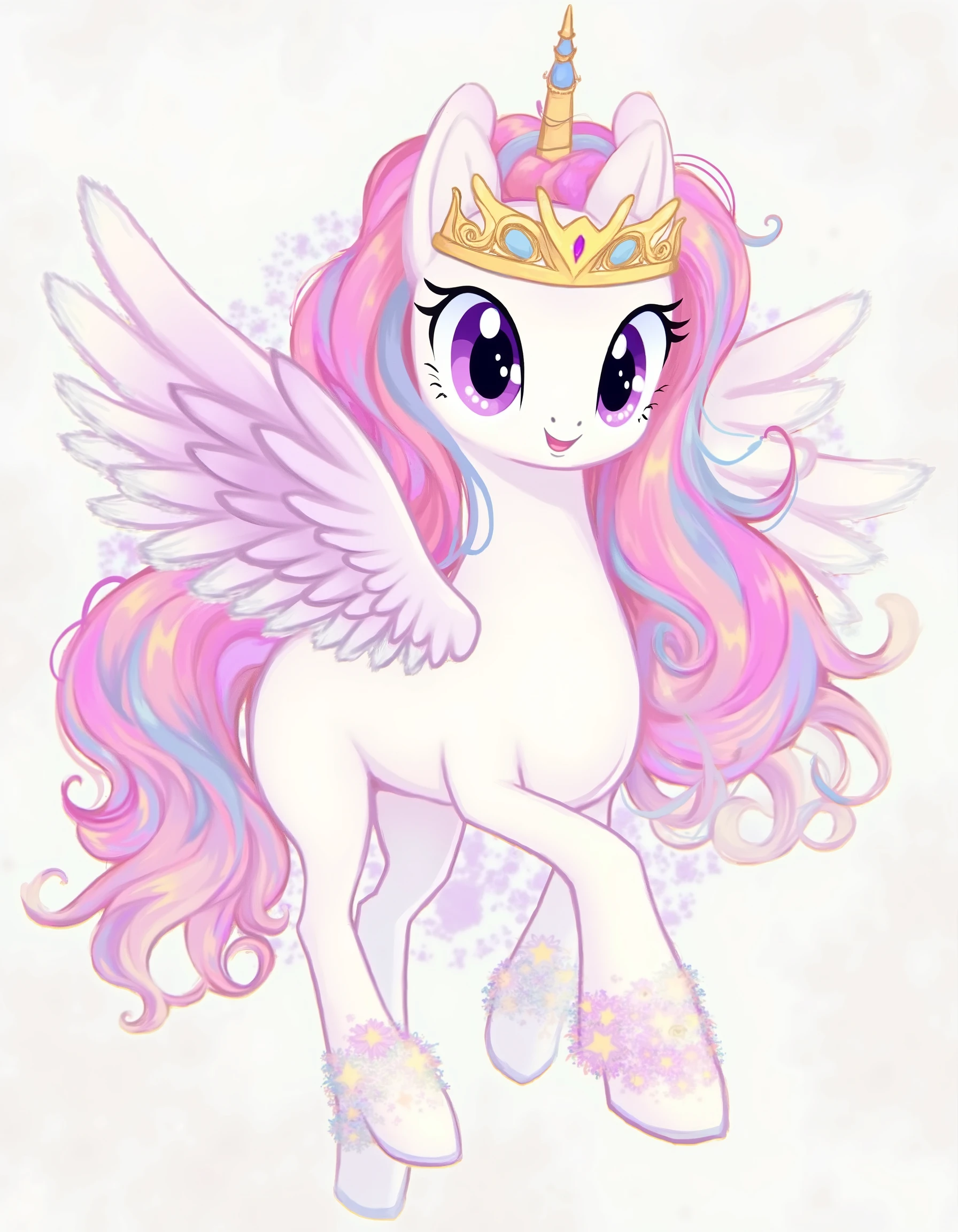 resolution, masterpiece, high resolution, (SOLO: 1.2) my little pony, friendship is magic, wild, detailed background, princess celestia, alicorn, pony, white fur, horn, feathered wings, multicolored hair, purple eyes