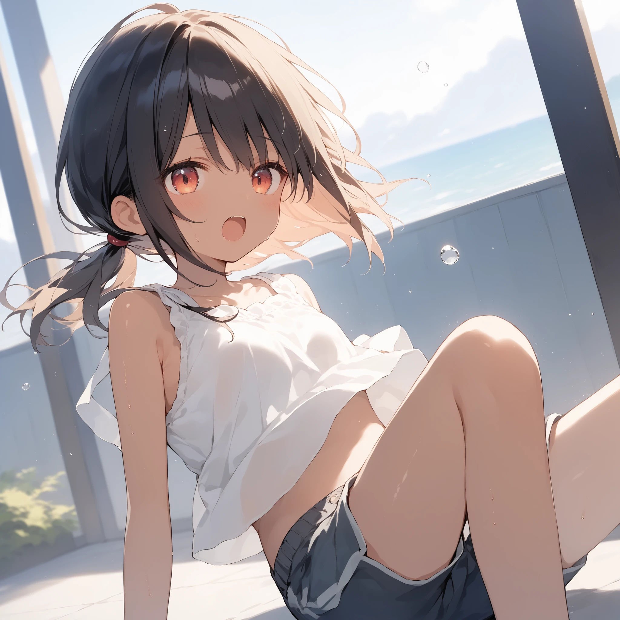 score_9, score_8_up, score_7_up, source_anime, best quality, masterpiece, official art, absurdres, highres, ultra-detailed,waifu2x,Collection: Slice of Life,break,1girl, tomboy, dark-skinned female, short hair, low ponytail, flat , beautiful detailed eyes, short shorts, sweat, open mouth, (yawn:0.3), sleepily, outdoors, wind, break,(clear line illustration:1.2),very high resolution, very aesthetic, super detailed skin, Best  lighting powered by famous artist, 8k,cute picture,beauty illustration,photoshop_(medium),,(Detailed Lighting),best anime 8k konachan wallpaper, pixiv contest winner, 